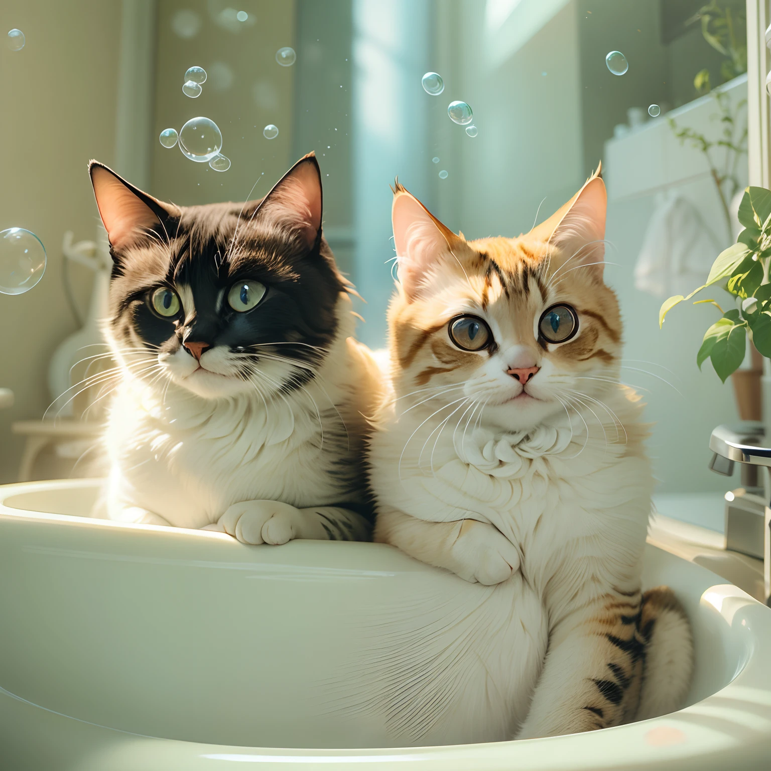 Two round-eyed cats hugged each other and smiled, Bathtub in the bathroom, There are bubbles., Sunlight outside the window