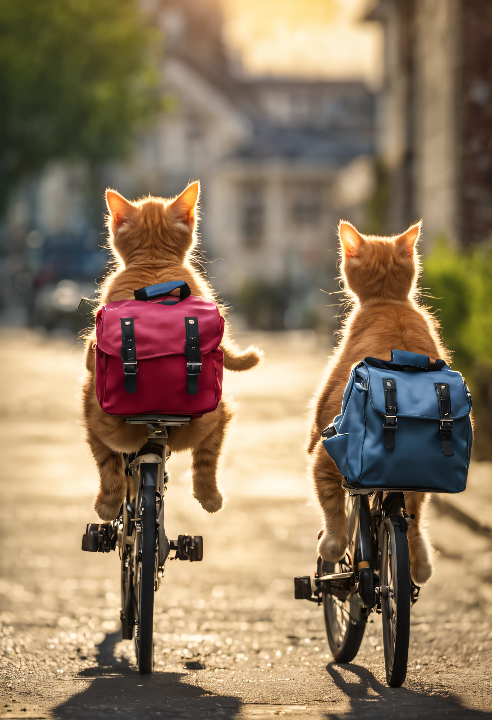 Two kittens riding bicycles with school bags on their back on the way to school. City suburban background. Back view only, in the style of captivating documentary photos, kawai aestheitic, photo realistic landscape. Back view only,   HDR, UHD 32k. --AR 16:9, --style raw