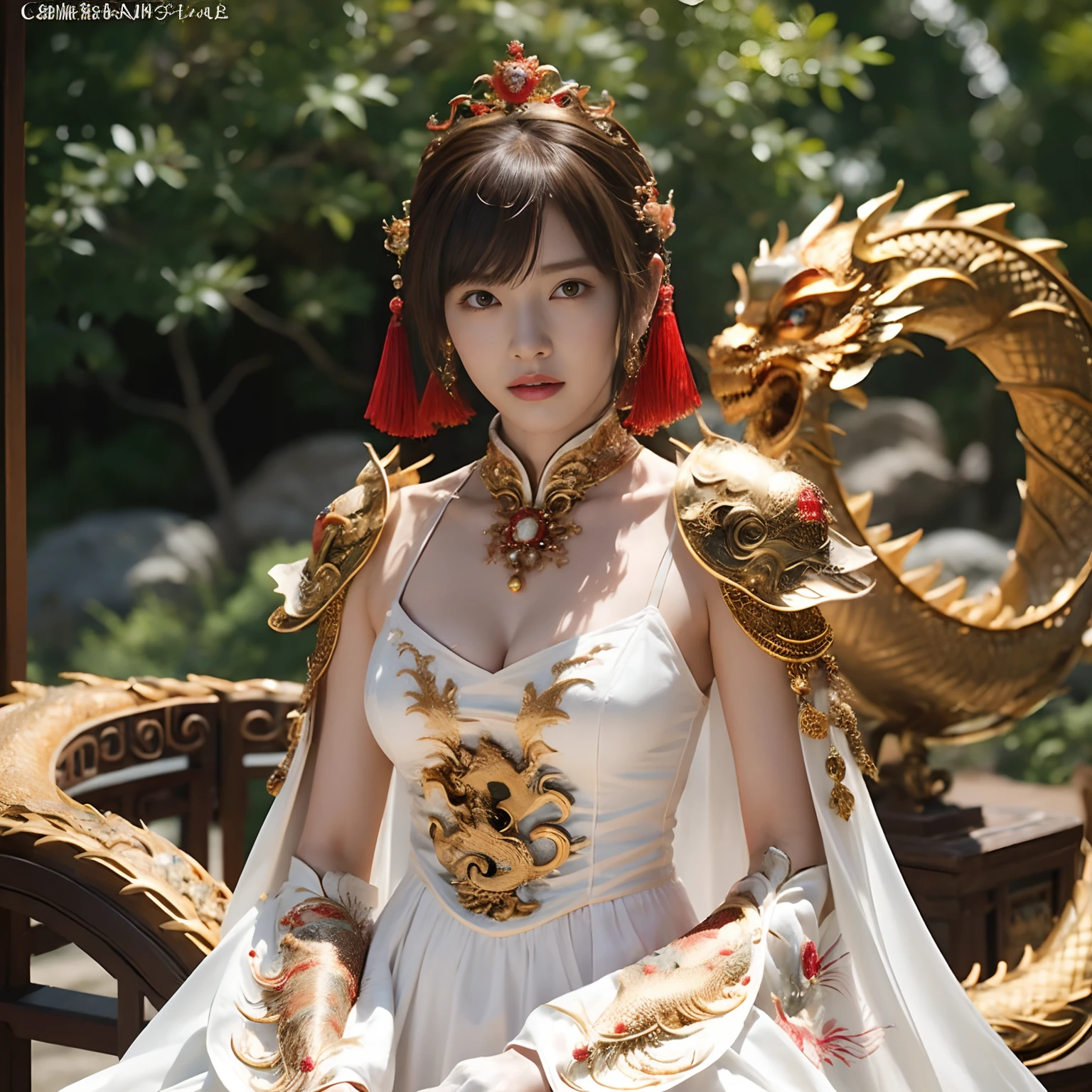 (Fight fiercely with dragons)、top-quality、masterpiece、超A high resolution、(White Dragon Armor)、(((Colossal tits))),dragon armor、(Wearing a beautiful crown made of jewels),(Photorealsitic:1.4)、Raw photo、1人、Golden hair、glowy skin、(((Chinese Dragon)))、(Gorgeous Jewelry Necklaces)、(Mystical expression)、(Fight big dragons)、With a beautiful knife、(White Metal Bikini)、(beautiful forest background)、Precipitous cliffs、(Small LED)、((super realistic details))、portlate、globalillumination、Shadow、octan render、(One-Eyed Scouter)、8K、ultrasharp、Colossal tits、Raw skin is exposed in cleavage、metals、Details of complex ornaments、Japan details、highly intricate detail、Realistic light、CGSoation Trends、Blue eyes、radiant eyes、Facing the camera、neon details、(Mechanical limbs)、(blood vessels connected to tubes)、Mechanical vertebrae attached to the back、mechanical cervical attaching to neck、(Wires and cables connecting to the head)、Gundam、Small LED、,Mechanical thighs、Toostock、(Full Body Angle)、(veils)、(((Heavy Big))),