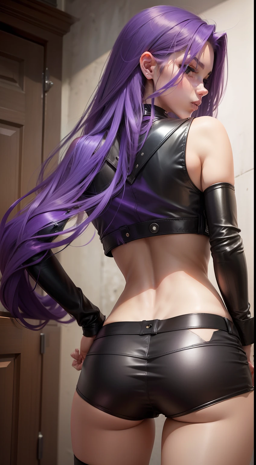 Girl with long purple hair, Slim, cuteface, little chest, in leather shorts, bent down, seen from behind