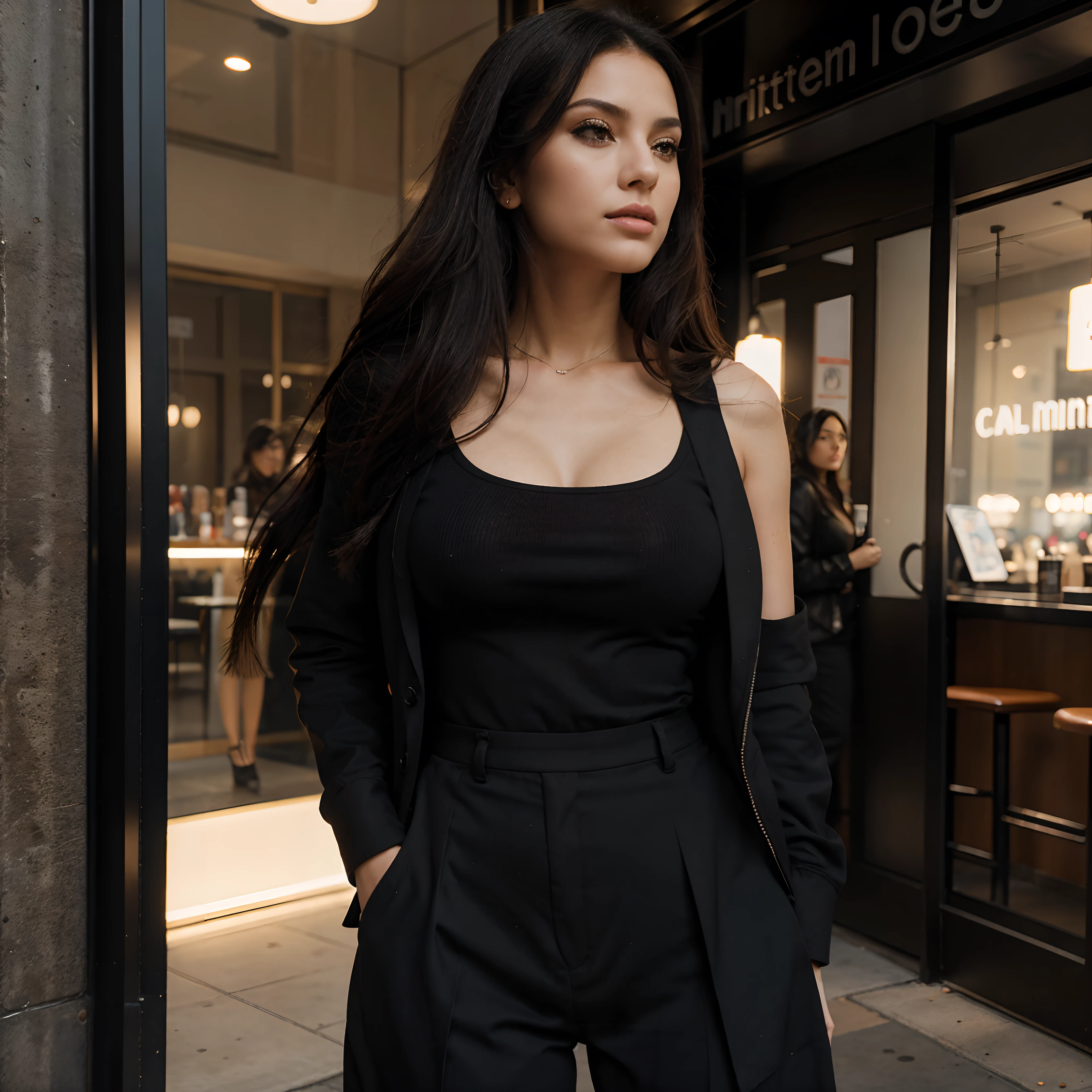 "Por favor, Generate a high-resolution image (minimum 4 megapixels) from a RAW photo titled 'DIGITAL SLR BREAK (kkw-ph1:0.9) QUEBRAR'. The image should show a young woman in her 20s with black hair, vistiendo un vestido elegante y una chaqueta negra, con pantalones cortos negros, en un restaurante de Nueva York. La modelo debe tener ojos, labios y nariz perfectamente definidos, con una apariencia profesional y un maquillaje graduado de alta calidad. The background should be dark and complement the overall aesthetics of the image. The goal is to create a realistic and beautiful visual representation of a young woman in an urban New York environment.."