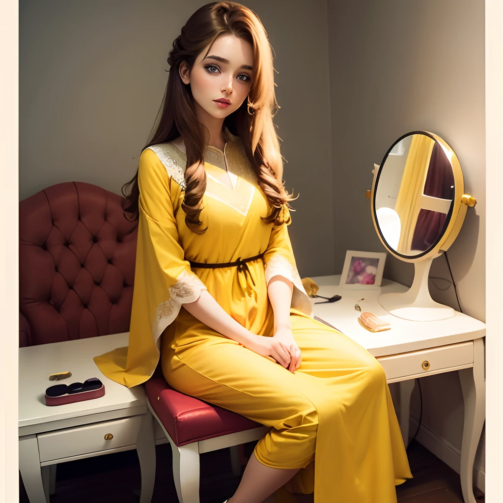 Cute girl blue eyes, long brown hairs, smooth face, long yellow kameez with white outline , yellow shalwaar , red lipstick, beautiful hair style, sitting on a chair in front of a dressing table and many makeup thing place on dressing table