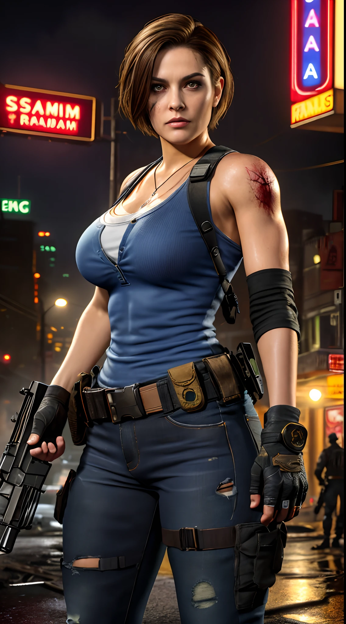 jillre3,jr3 outfit,jr3 equipment,fighting stance,character,video game,short hair,(((damaged clothes))), gigantic breasts,slim waist,wide hips,high waist,serious expression,hard nipple,breasts about to burst of her clothing,dead rising,Resident Evil,a horde of zombie,zombie apocalypse background,at night,rain,wet clothes,Holding a rifle in both hands, best quality, masterpiece, intricate details, tonemapping, sharp focus, hyper detailed, trending on Artstation, realistic,(looking at viewer:1.4)