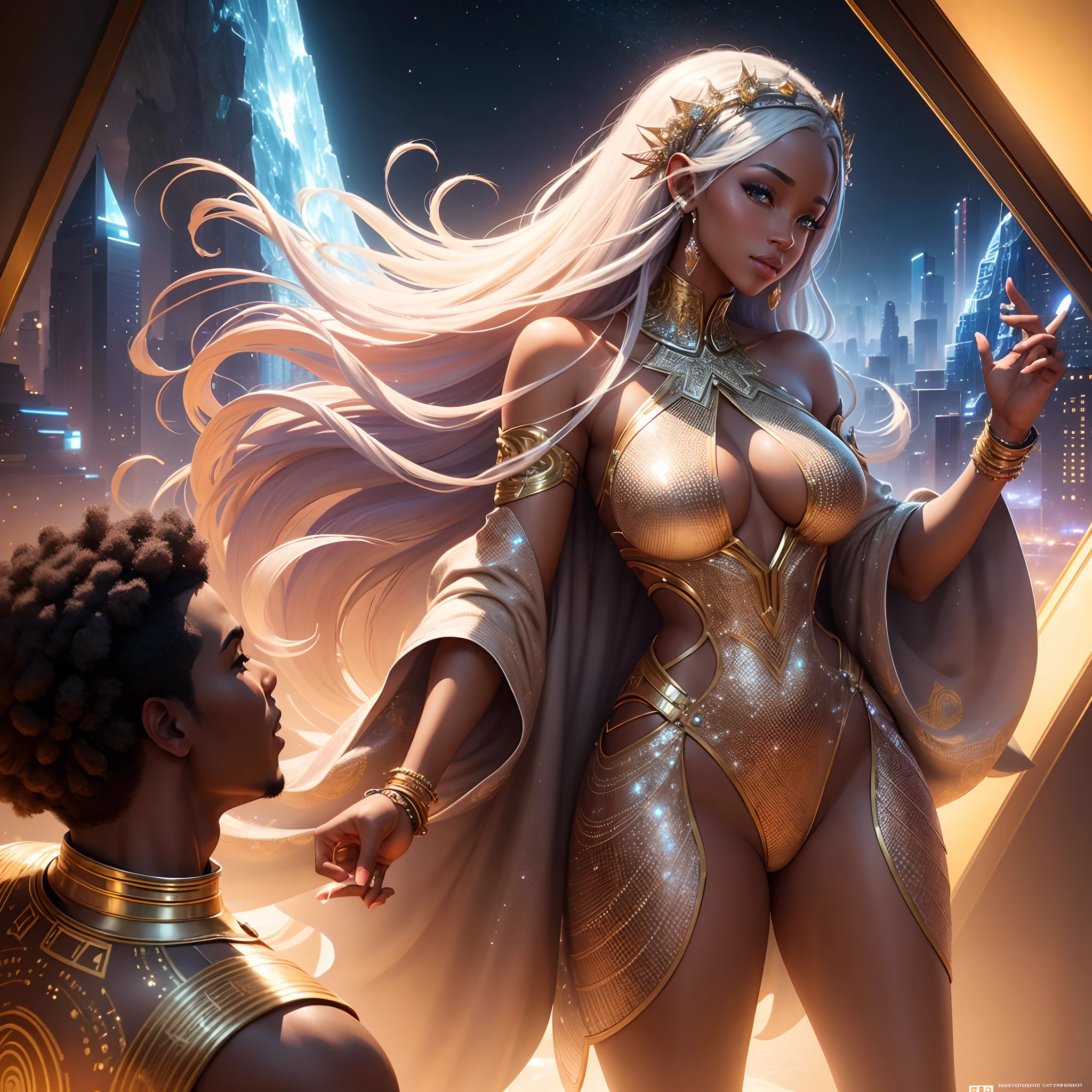 High angle shot of a Happy African man marrying African woman both wearing African designed clothes and standing on a reflective metallic surface surrounded by floating crystals, futuristic african city with African designed infrastructure in the background, night time, shining crystals glowing in the scene, with iridescent light, scifi art, afrofuturism art, highly realistic image, 32k, ultra HD, cinematic lighting, artgerm style, cgsociety 9, deviantart ,