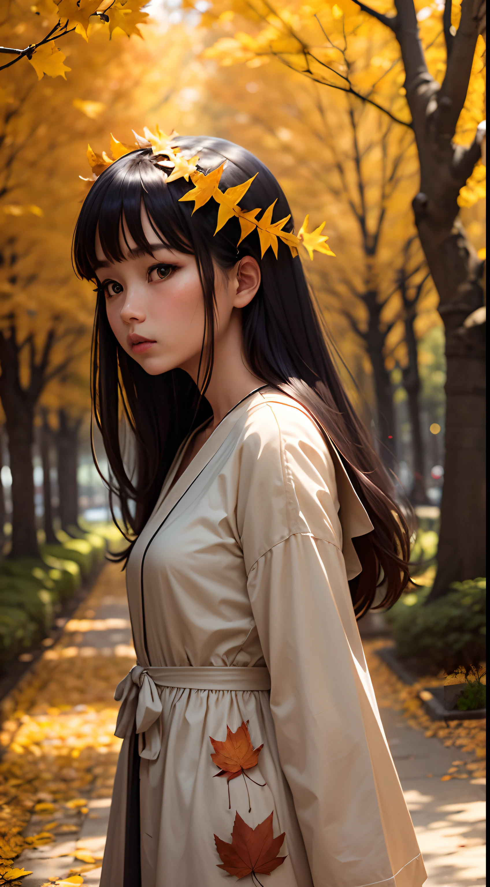 1girl, against_tree, aki_shizuha, anger_vein, autumn, autumn_leaves, bangs, bare_tree, blue_eyes, blunt_bangs, branch, night, dress, falling_leaves, forest, ginkgo_leaf, holding_leaf, lake, leaf, leaf_background, leaf_hair_ornament, leaf_on_head, leaf_print, lips, long_hair, looking_at_viewer, maple_leaf, nature, outdoors, solo, standing, stone_lantern, tree, under_tree, black hair, sensei --auto