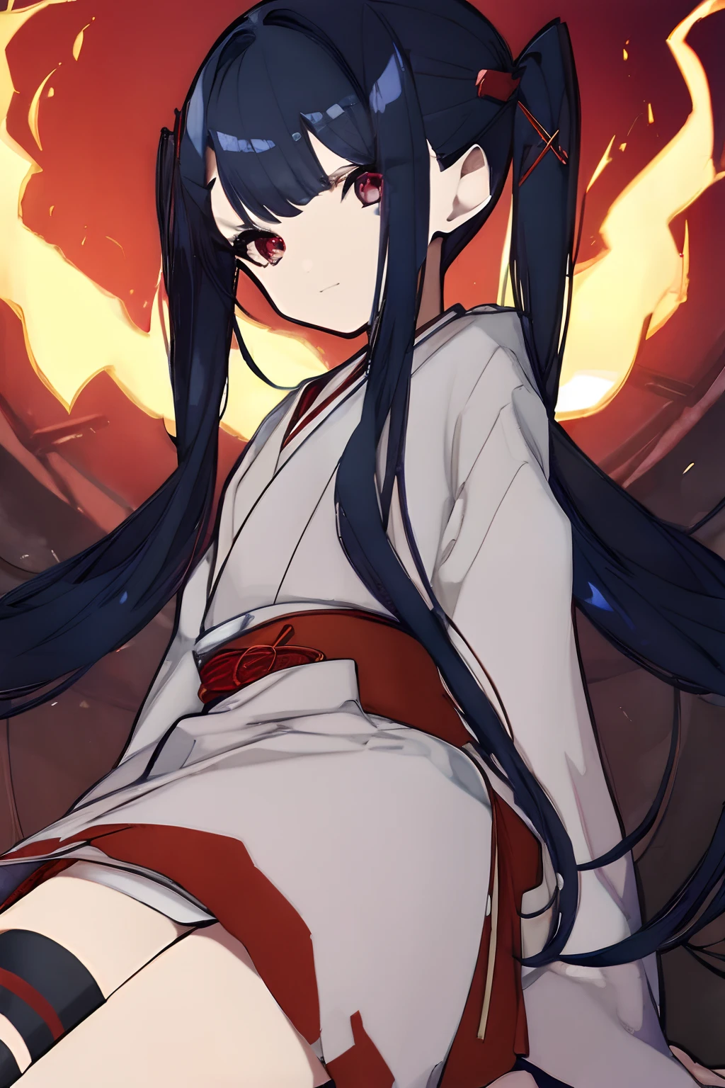 1girl, young girl, masterpiece, high quality, dark blue hair, bangs, red eyes, (twintail), long hair, ((in the fire)), wearing a japanese cloth, small smiling, a hair pin