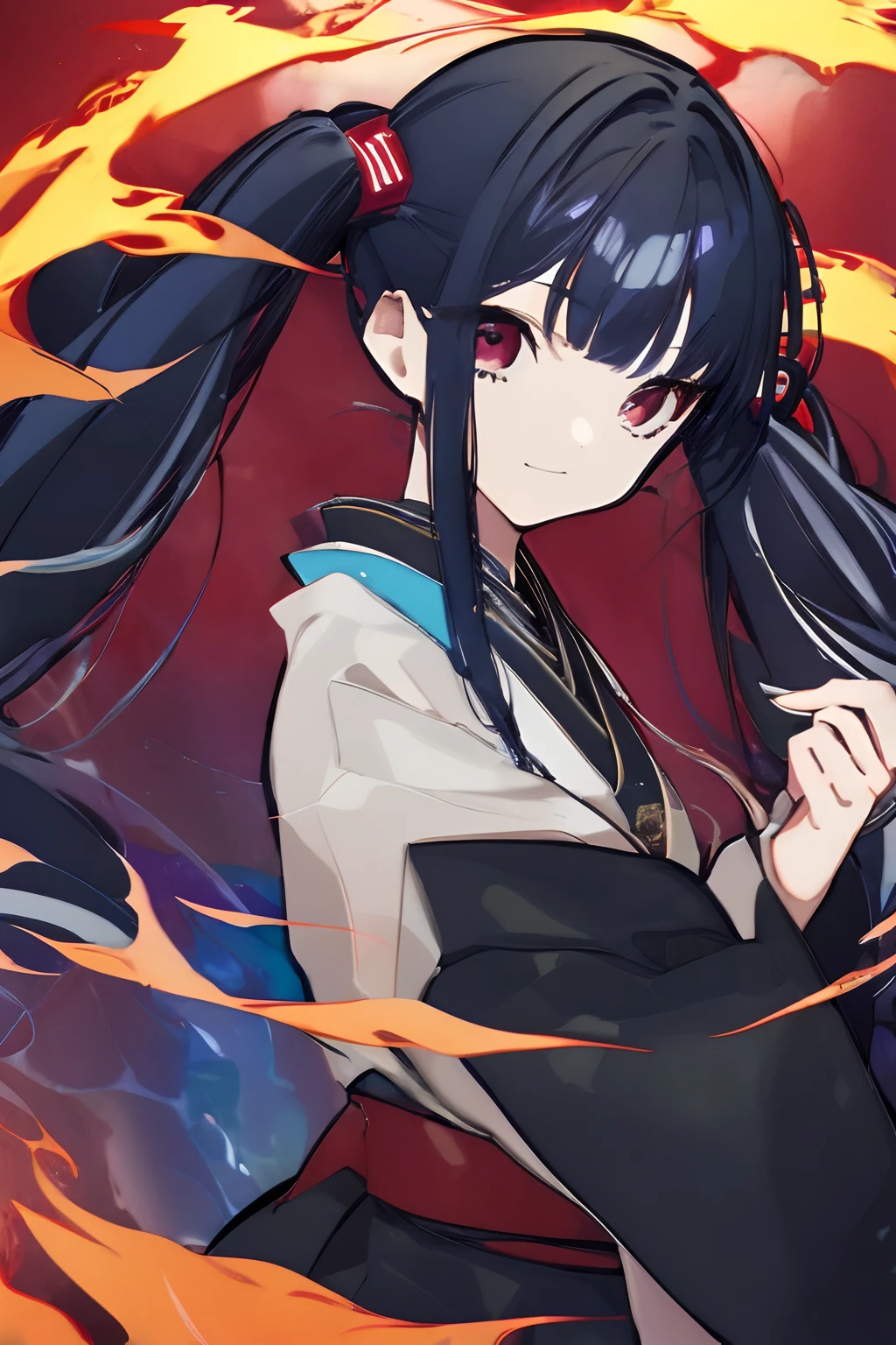 1girl, young girl, masterpiece, high quality, dark blue hair, bangs, red eyes, (twintail), long hair, ((in the fire)), wearing a japanese cloth, small smiling, a hair pin