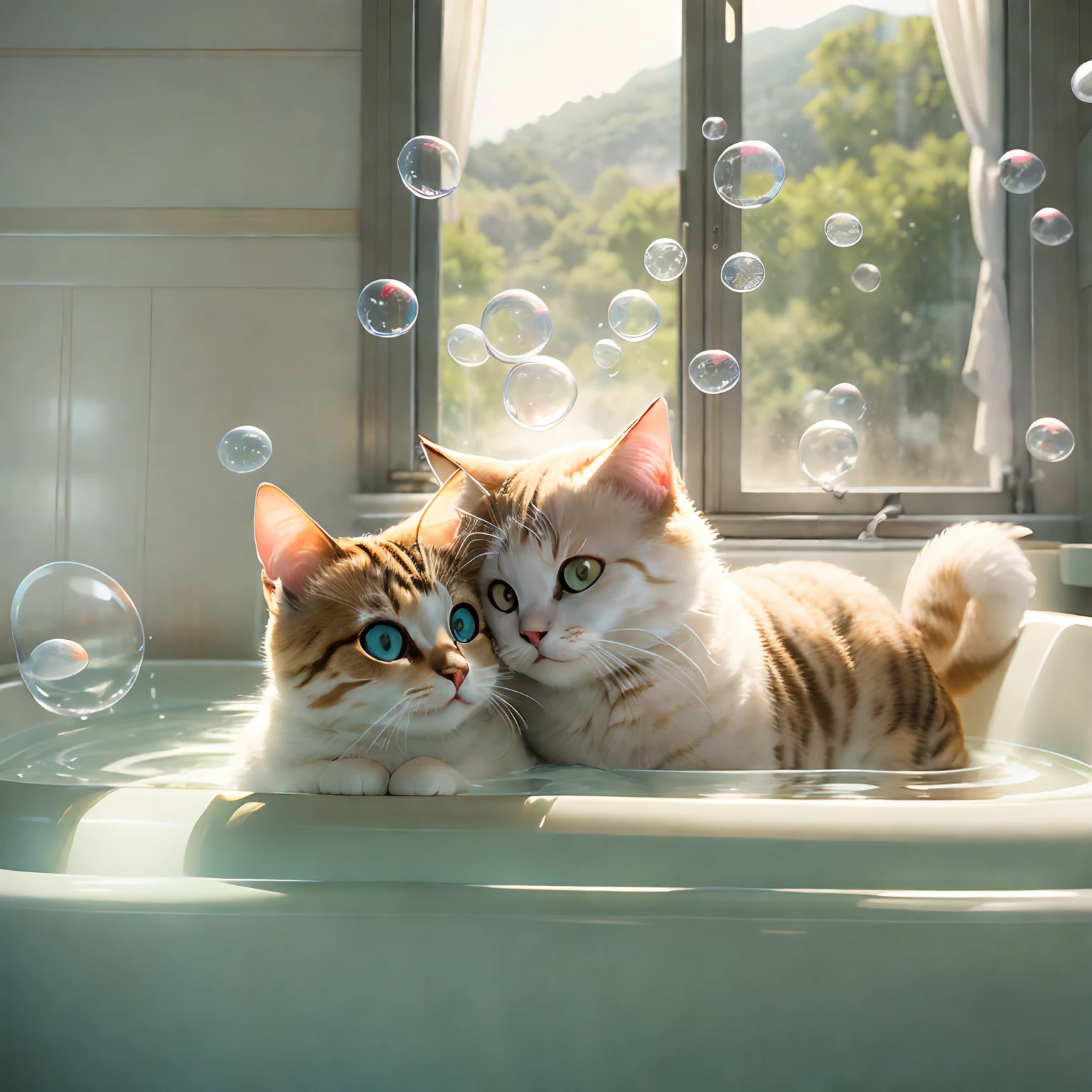 Two round-eyed cats hugged each other and smiled, Bathtub in the bathroom, There are bubbles., Sunlight outside the window