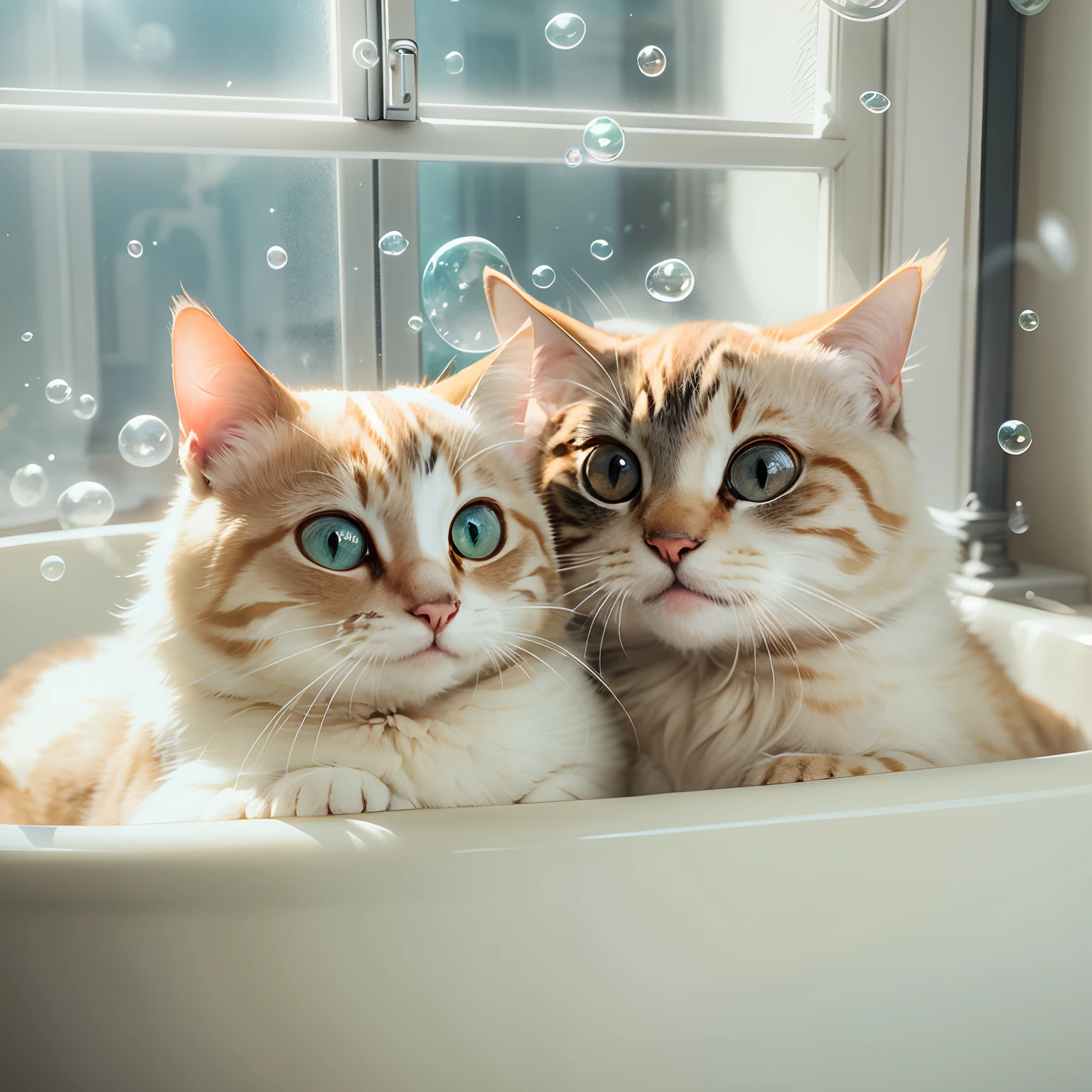 Two round-eyed cats hugged each other and smiled, Bathtub in the bathroom, There are bubbles., Sunlight outside the window