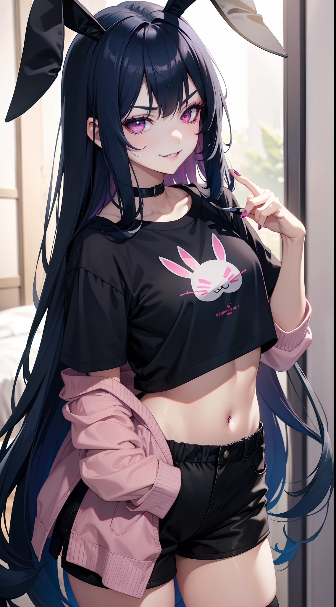 young girl, long dark blue hair, bunny ears, pink eyes, black lipstick, black eye shadow, smirk, tshirt, Short shorts, Masterpiece, hiquality, 4k, HD, Good detail