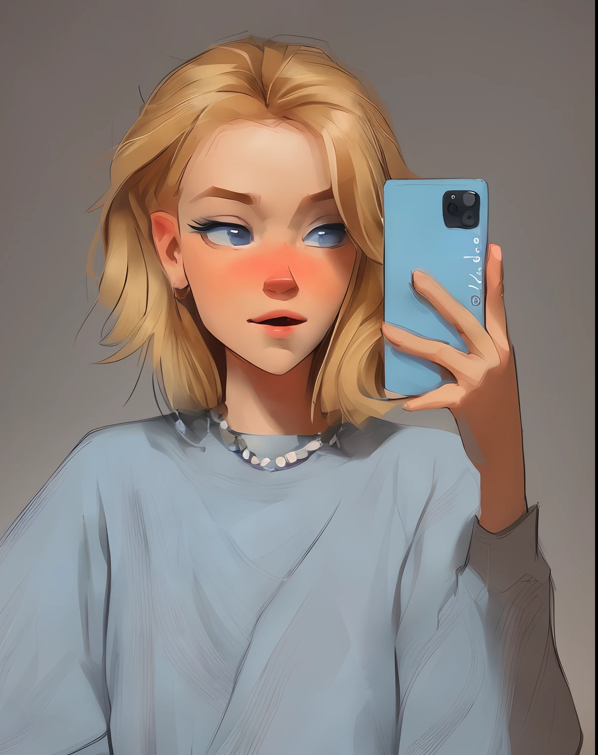 a woman with blonde hair and blue eyes taking a selfie, a digital painting inspired by loish, trending on deviantart, realism, realistic artstyle, realistic art style, 🤤 girl portrait, cartoon art style, realistic cute girl painting, cartoon digital painting, digital cartoon painting art, solo portrait 🎨🖌️, realism artstyle, cartoon artstyle, digital anime illustration