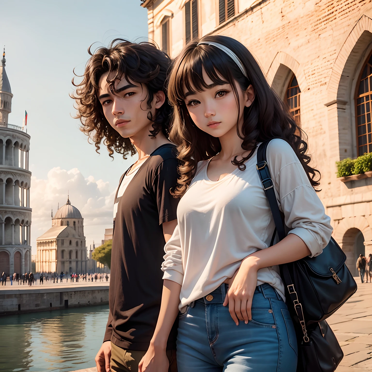 An Italian Chinese brown curly haired girl and an Italian boy in front of the Leaning Tower of Pisa