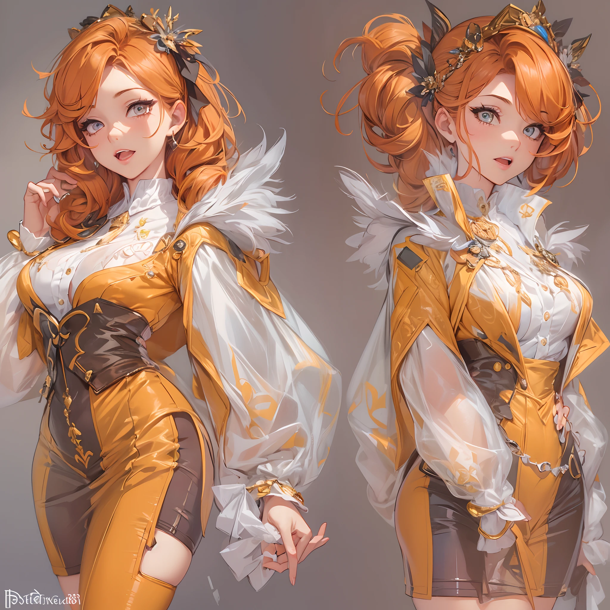 ((Masterpiece, Highest quality)), Detailed face, CharacterDesignSheet, full bodyesbian, Full of details, Multiple poses and expressions, Highly detailed, Depth, Many parts,1 beautiful 18-year-old girl,Detailed eyes, ssee-through,Business suit,Orange caramel,lacepantyhose,estilo fantasia,Extremely beautiful,High Balance, Natural light