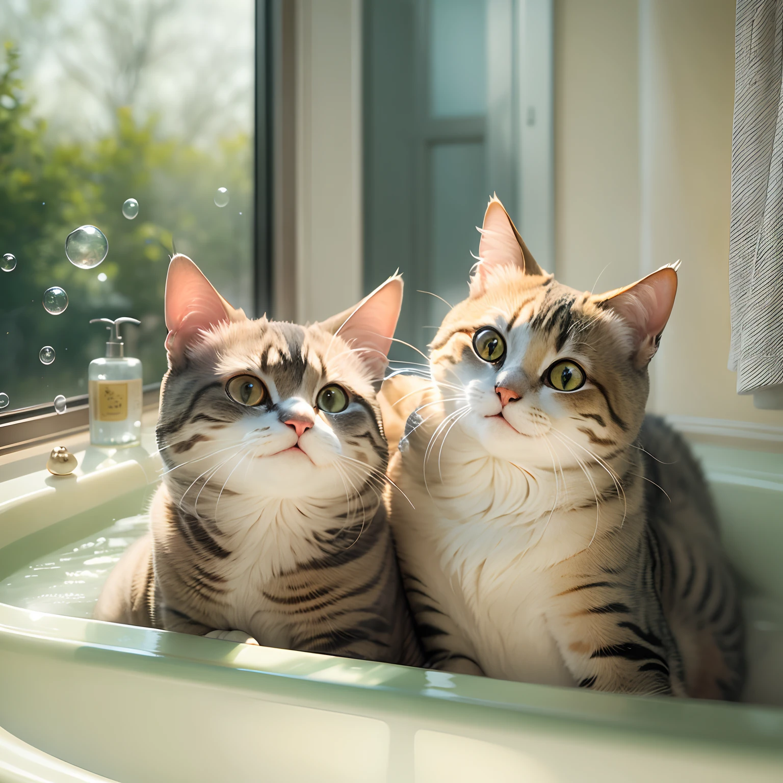 Two round-eyed cats hugged each other and smiled, Bathtub in the bathroom, There are bubbles., Sunlight outside the window