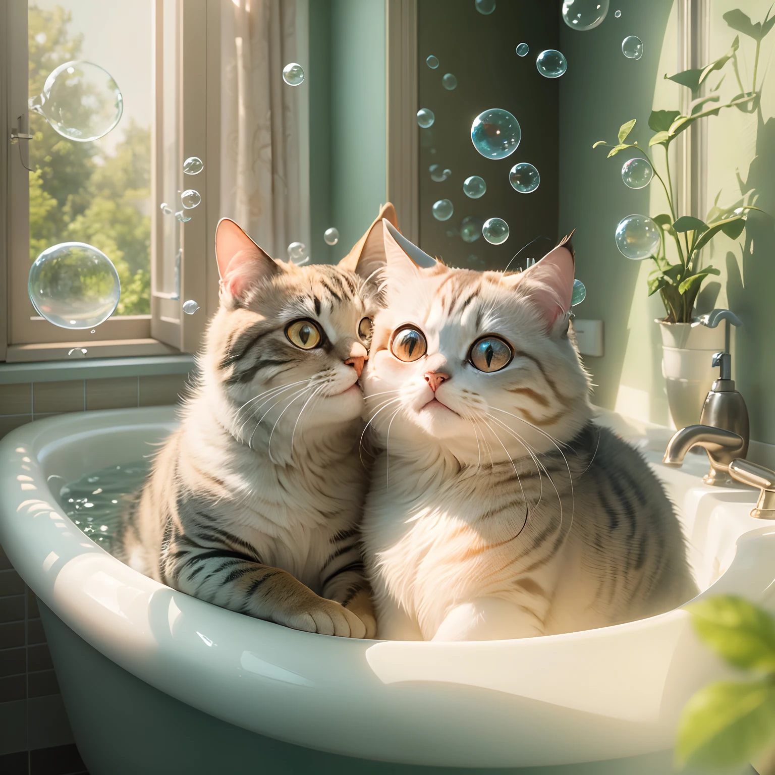 Two round-eyed cats hugged each other and smiled, Bathtub in the bathroom, There are bubbles., Sunlight outside the window