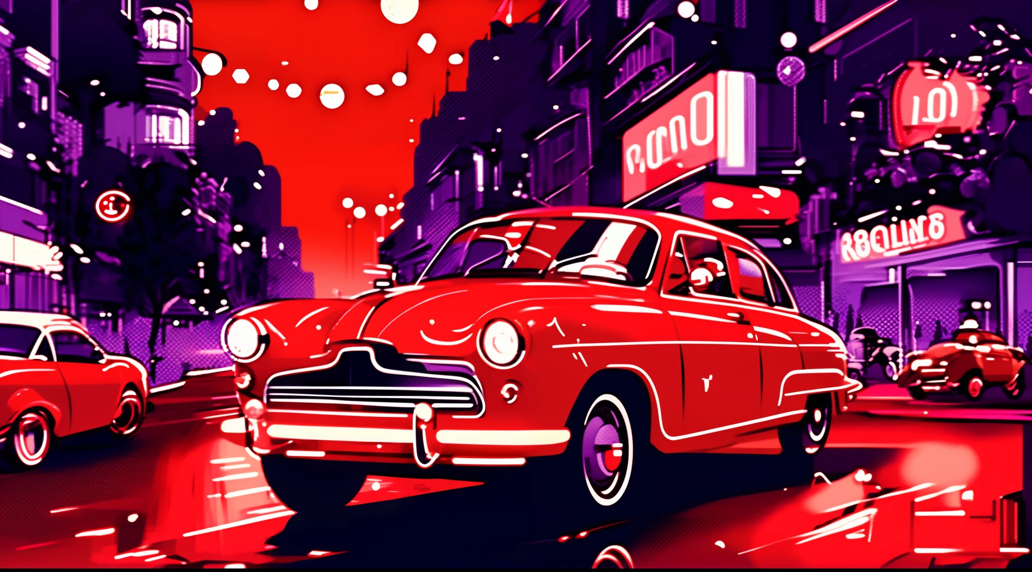 painting of a red car driving down a city street at night, stylized digital illustration, martin ansin, beautiful retro art, illustrative art, official artwork, victo ngai style, stunning art style, commercial illustration, 1 9 5 0 s concept art, classic cars, retro illustration, artwork in style of sheng lam, vintage cars