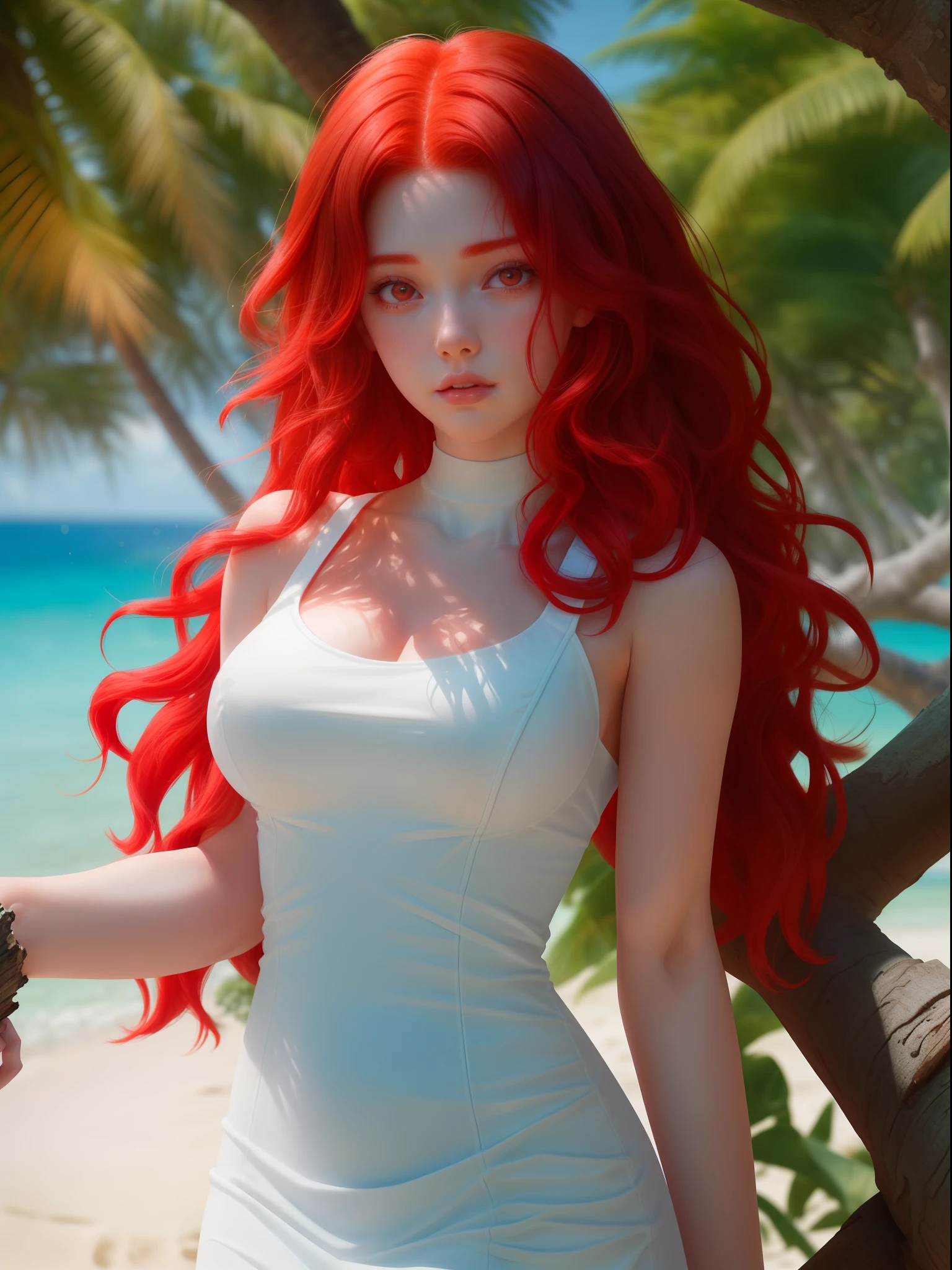 A stunning 8k anime-style illustration of a woman outdoors on a beach. She has long, slender legs and a wide, toned hips, with a tiny waist and a round, well-defined chest. She has a beautiful face with blue eyes, red and plump lips, and long, cascading hair that combines red and blue tones. The full moon and Milky Way fill the sky behind her, creating a captivating backdrop. This artwork is a masterpiece of skill and technique, showcasing the artist's exceptional talent in the anime style. The photo is taken from a downward angle, accentuating the beauty and grace of the woman in this serene setting.