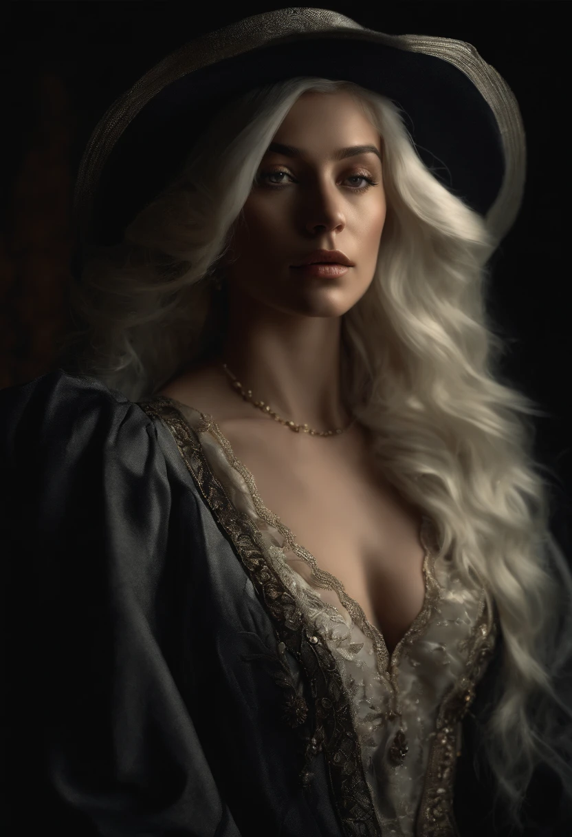 (Front focus), (In the dark:1.6), Surrealistic Female Portraits by David Hockney and Alphonse Mucha, Fantasy art, photograph realistic, Dynamic lighting, art stations, poster for, voluminetric lighting, Very detailed faces, 4 k'', Award-Awarded, 1girll, In the dark, deepshadow, low tune, Cowboy shot, (official outfit:1.4), Long hair, White hair