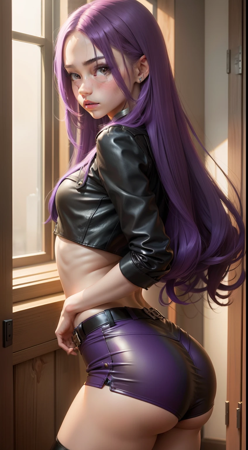 Girl with long purple hair, Slim, cuteface, little chest,  in leather shorts, ass