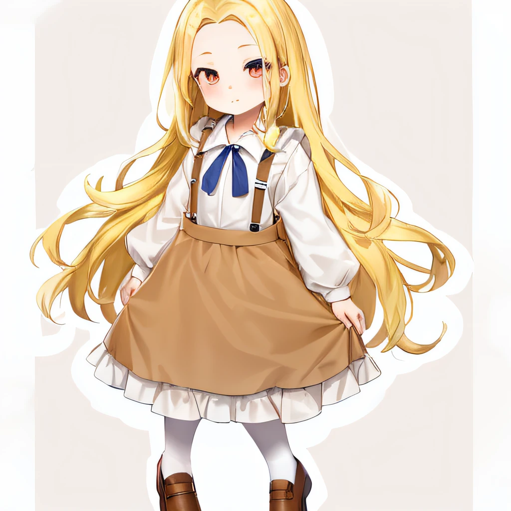  girl, child,ars old,  hair, forehead, hair flaps, blonde hair, blonde eyes, vampire girl, long sleeves, long brown skirt, brown footwear, collarbones, suspenders