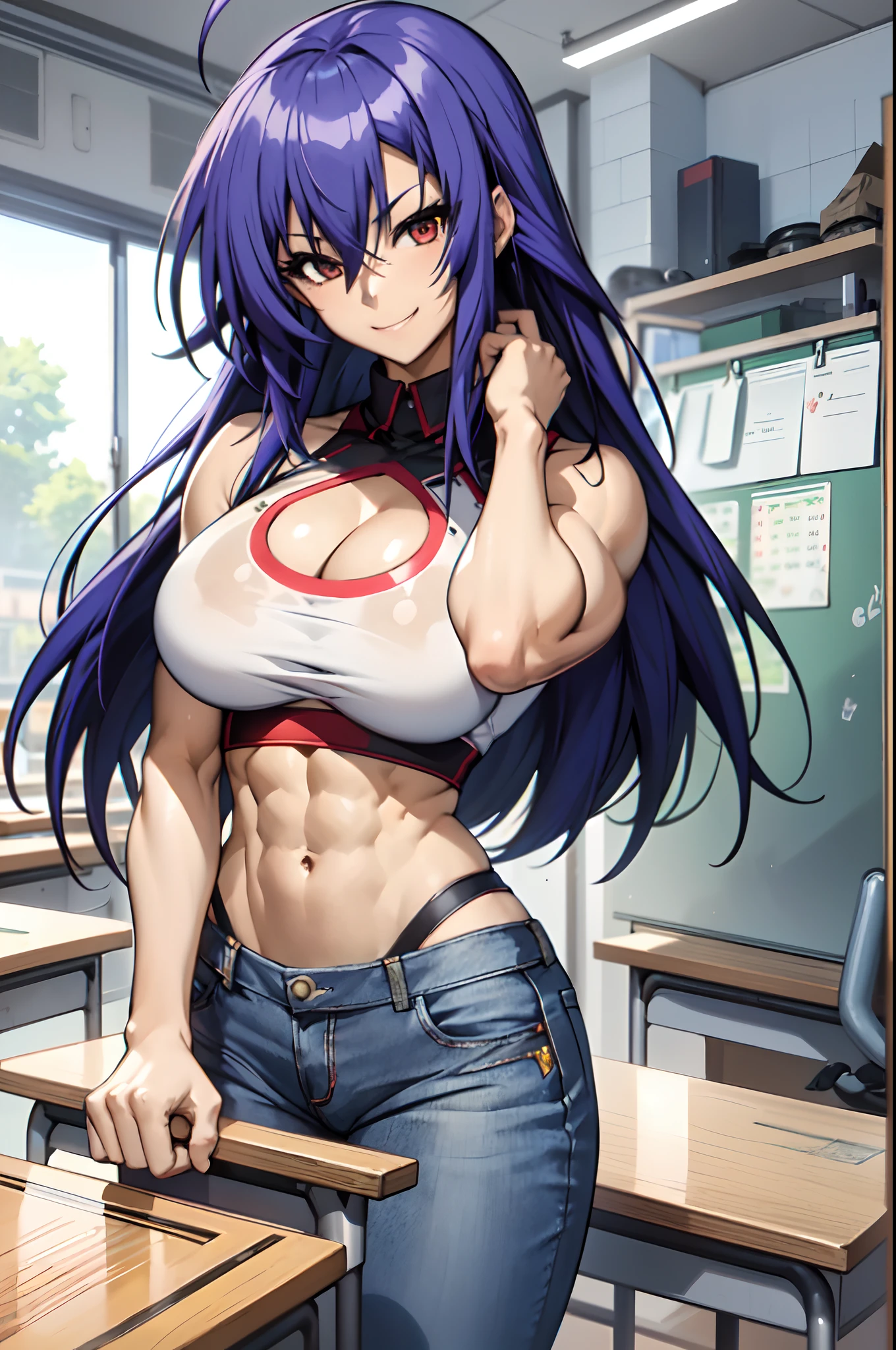 quality, masterpiece, portrait, 1girl, kurokami medaka, red eyes, blue hair, long hair, ahoge, fit muscles, biceps, abs, large breasts , tank top shirt, cleavage cutout, clothing cutout, jeans pantalon, classroom, looking at viewer, smile,