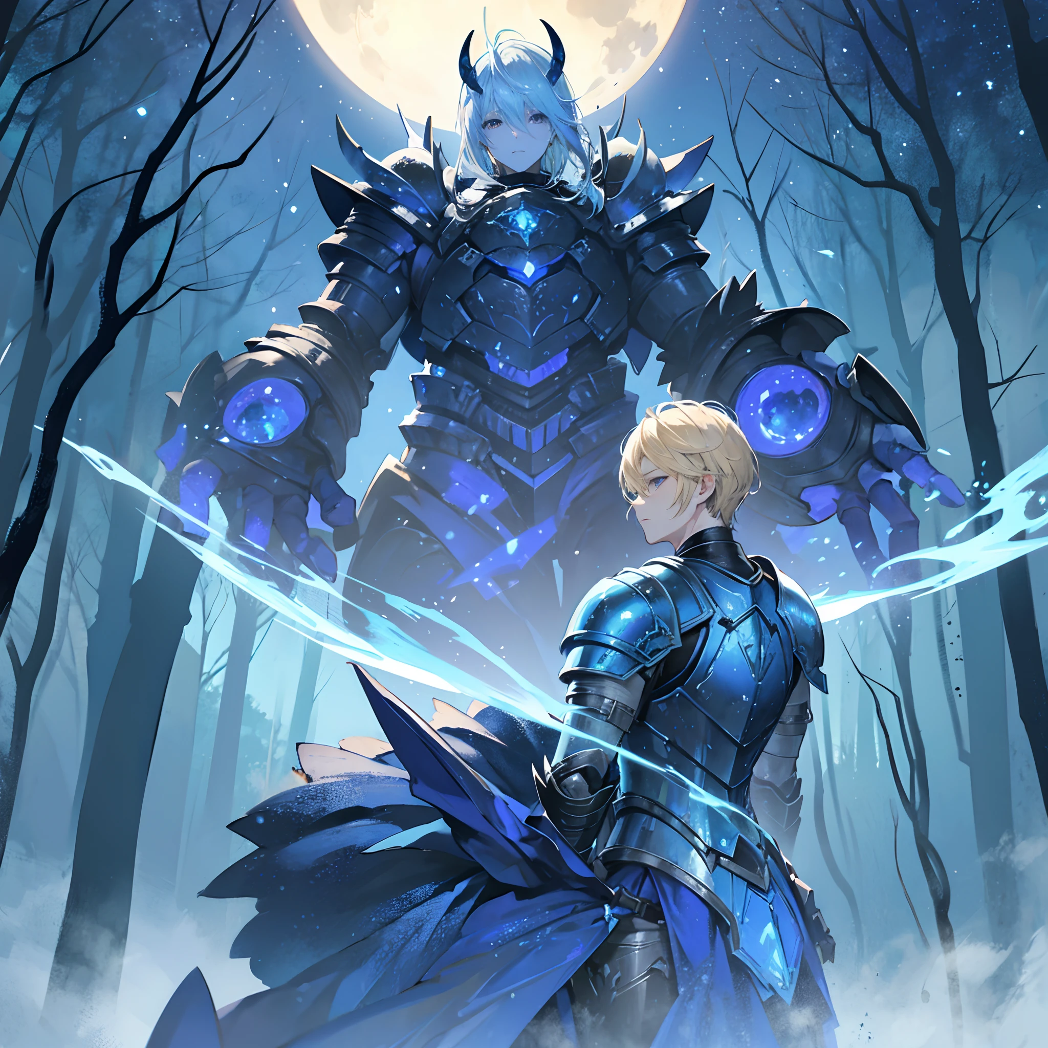 A man in short blonde hair, blue armour is being attacked by a demon monsters from behind , in the forest, moon shining brightly in the starry sky