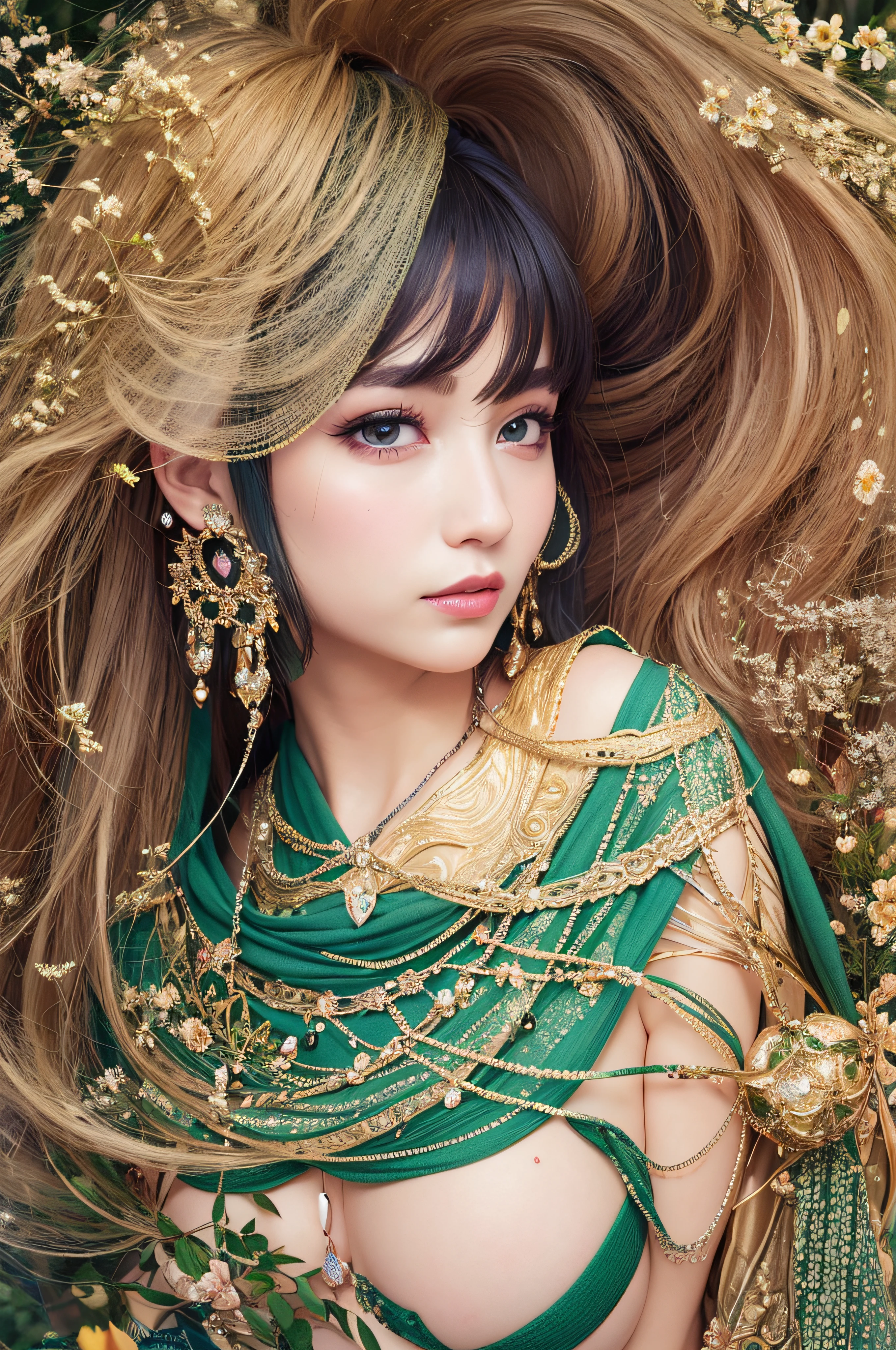 high quality, 8K Ultra HD, full color, etching aquatint, fine lines and shadows, In the heart of Floral Fantasy Wonderland, behold a captivating and ethereal spirit of a beautiful maiden, gracefully adorned with the essence of blooming flowers. Her golden long flowing hair, like silken threads of golden, cascades gracefully down her back, interwoven with delicate floral accents that mirror the surrounding blooms. Her eyes, the color of the deepest forest emeralds, sparkle with a hint of magic and mystery, reflecting the beauty of the floral symphony that surrounds her. In her hand, she holds a delicate bouquet of the most exquisite flowers, their vibrant colors mirroring her own radiant aura. With the clarity and detail of 8K Ultra HD images, every petal, every hue, and every expression of her otherworldly charm come to life in vivid splendor.