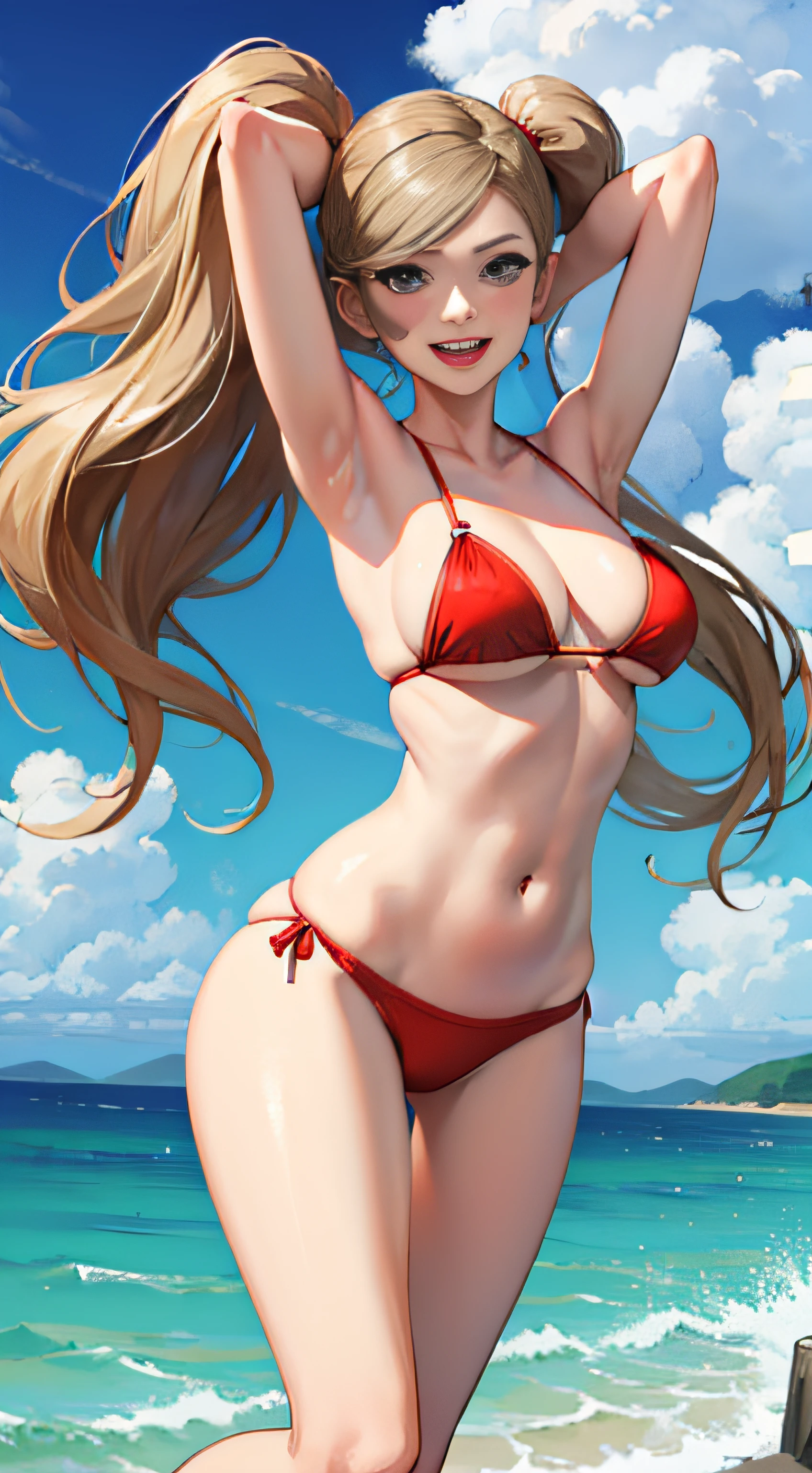 1 girl in,beautiful countenance,Red Bikini,ann takamaki,large boob,Big ass,Summer sea,Water droplets,Dazzling sun,Big smile,Southland