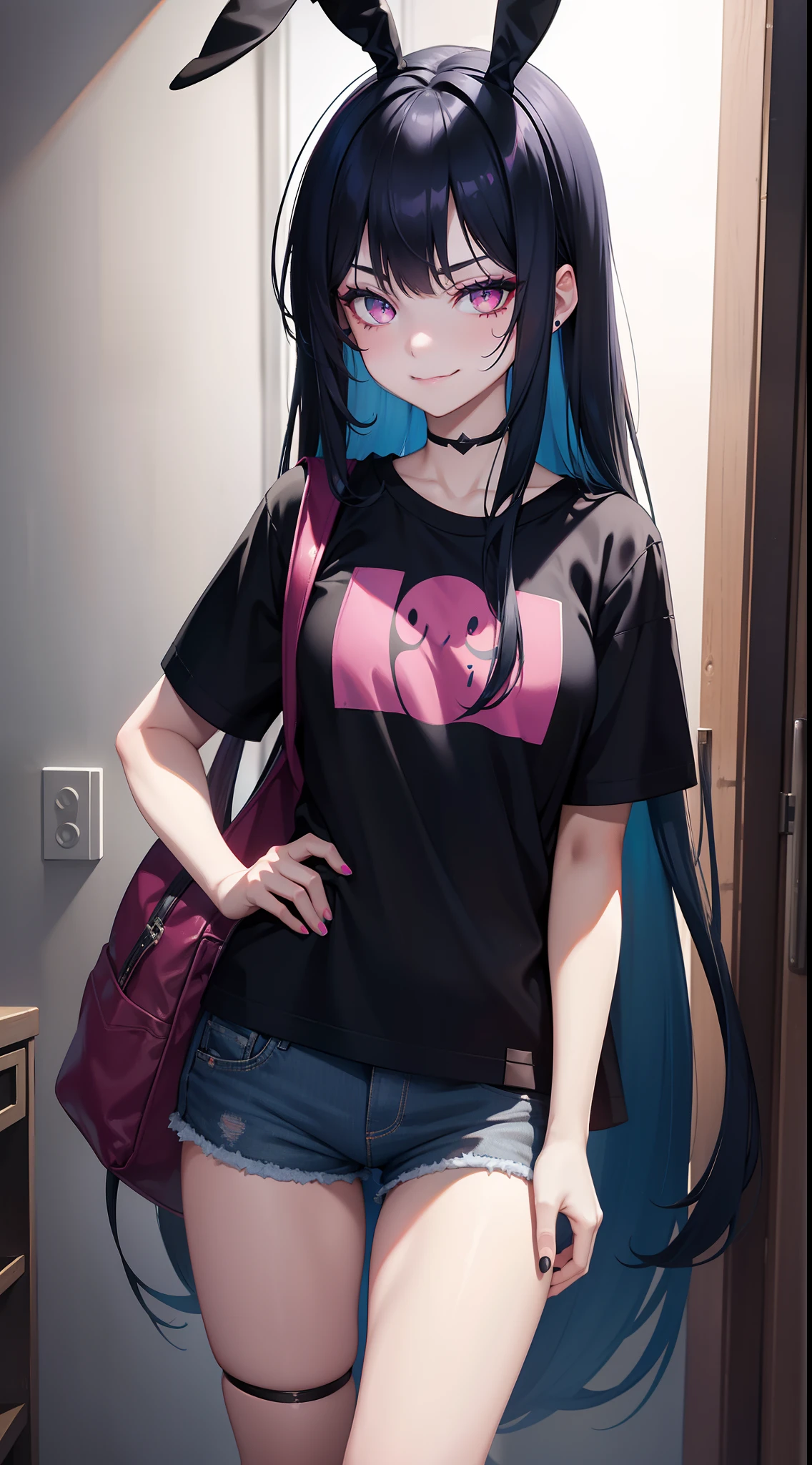 young girl, long dark blue hair, bunny ears, pink eyes, black lipstick, black eye shadow, smirk, tshirt, Short shorts, Masterpiece, hiquality, 4k, HD, Good detail