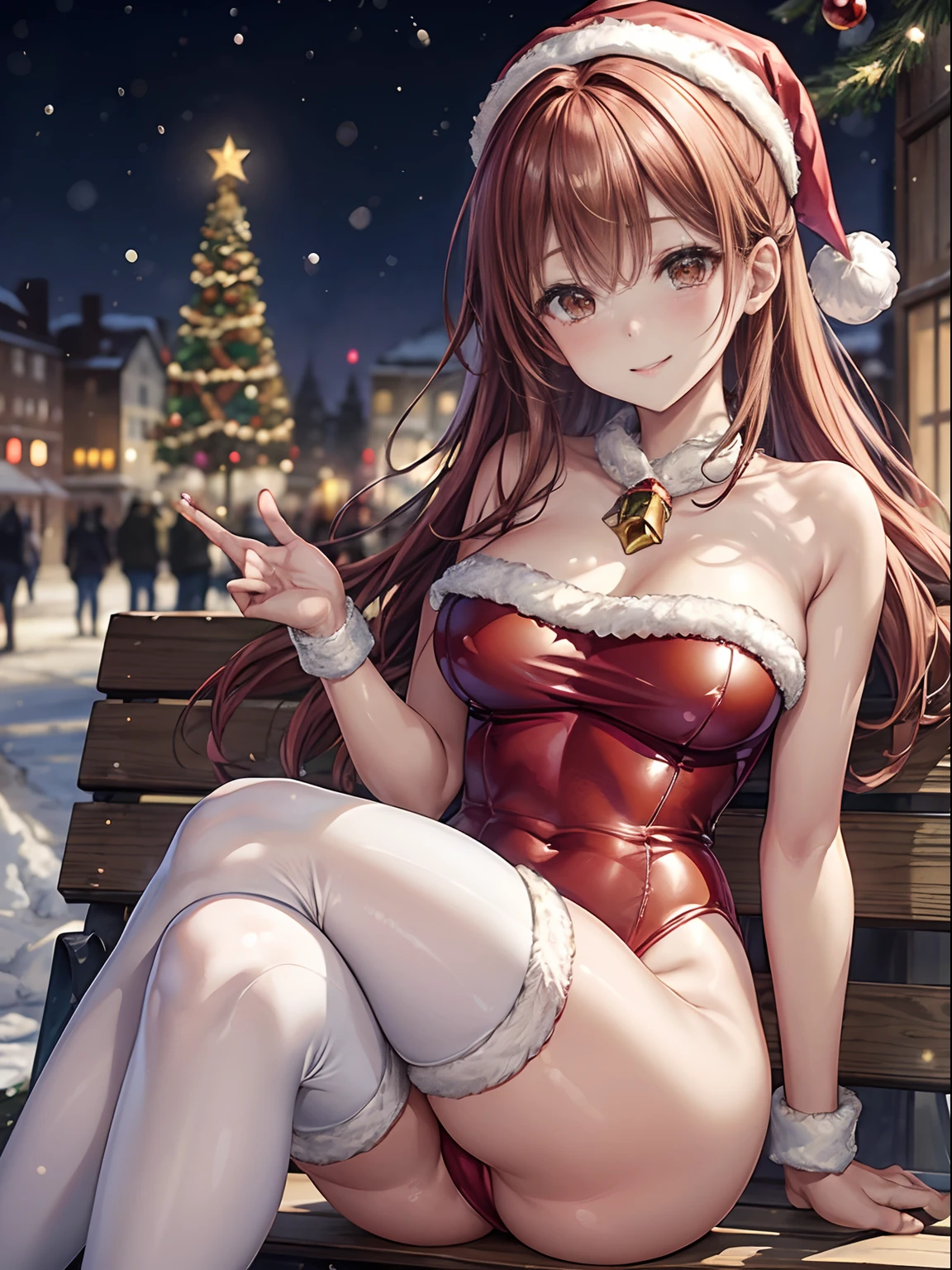 top-quality、Full limbs、complete fingers、Slender beauty、straight haired、Red hair、Beautiful Large Breasts、(Detailed ultra-oily shiny skin:1.1)、oily shiny thighhigh、(Perfect bright red Santa Claus leotard:1.3)、((White High Socks))、Wearing a Santa Claus hat、((Wearing a Santa Manto))、Beautiful、A smile、Winter cityscape、shopping street、It's snowing、white Christmas、Sitting on a bench、composition seen from below