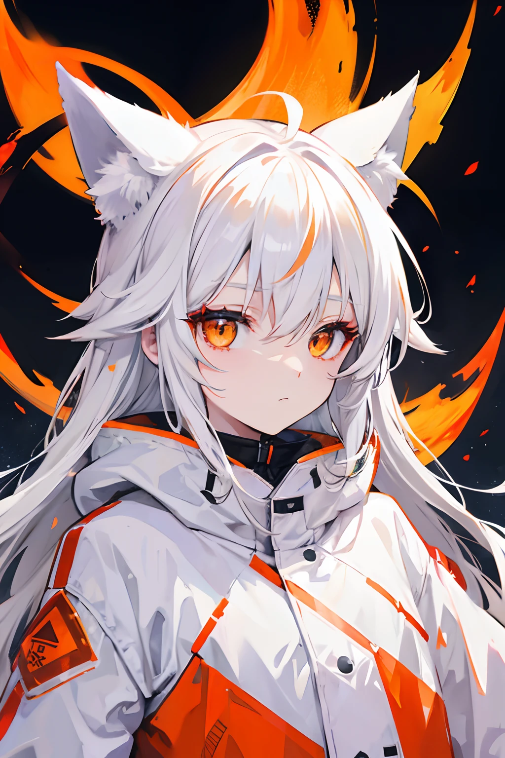 white  hair、Orange Eyes、Fox ear hood、ember、parka