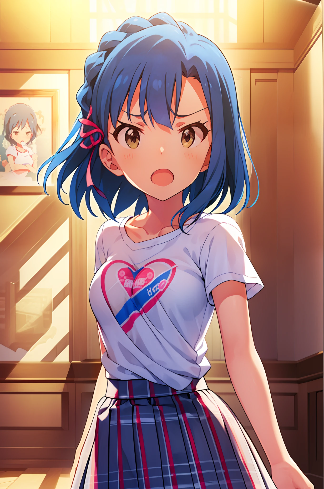 yuriko nanao (million live). Short stature. (((white t-shirts))).(((Skirt))).(((masterpiece))).(((best quality))).((Ultra-detailed))).(((illustratio))).(((a room))).(((make a fist))).(((up chest))).Despair face.(((short-hair))).((big breasts)).((Opening Mouth)).