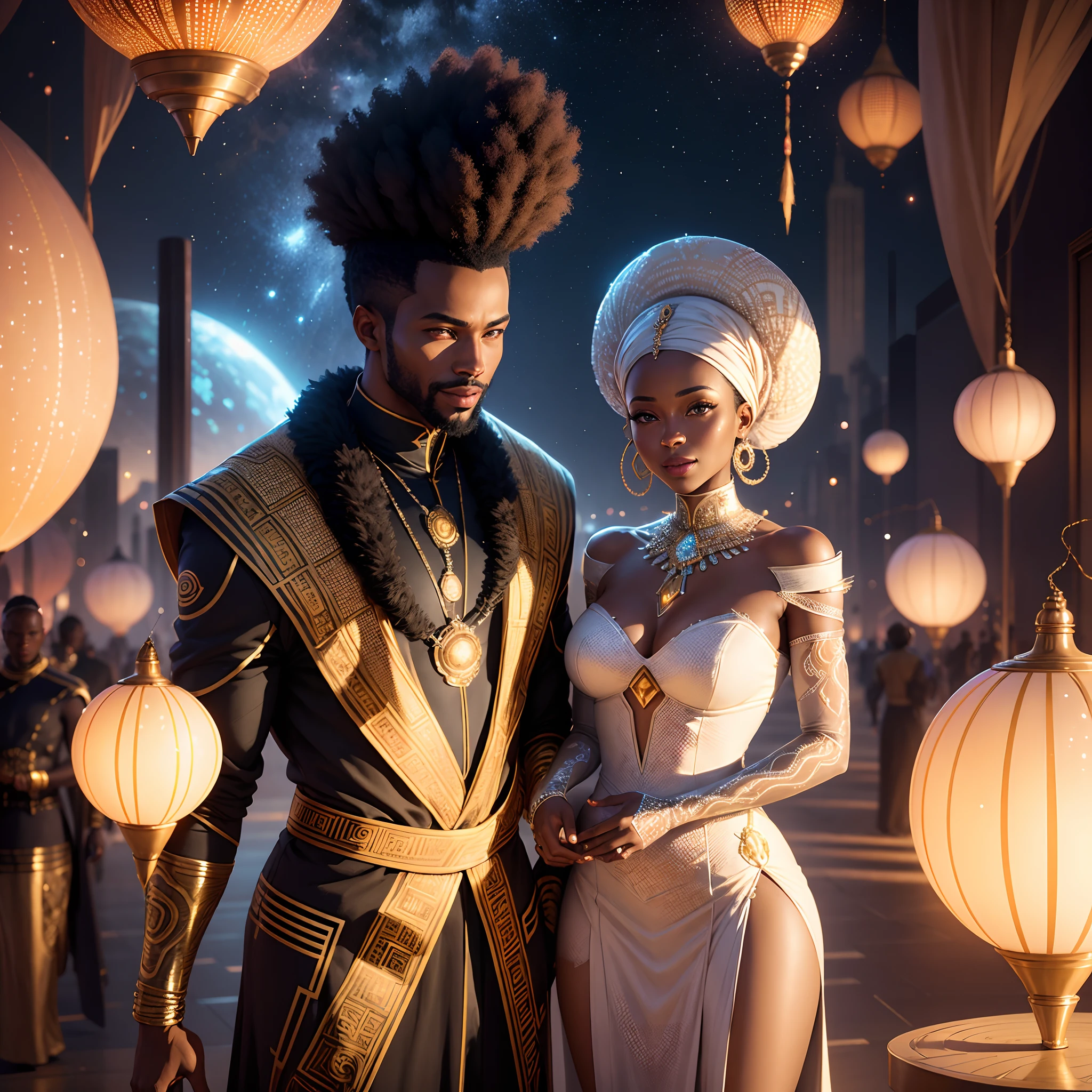 High angle shot of a Happy African man marrying African woman both wearing African designed clothes and standing on a reflective metallic surface surrounded by floating crystals, surrounded by celebrating congregation in a futuristic african city with African designed infrastructure in the background, night time, shining particles falling from the sky in the scene, night time shining particles glowing in the scene, with iridescent light, scifi art, afrofuturism art, highly realistic image, 32k, ultra HD, cinematic lighting, artgerm style,