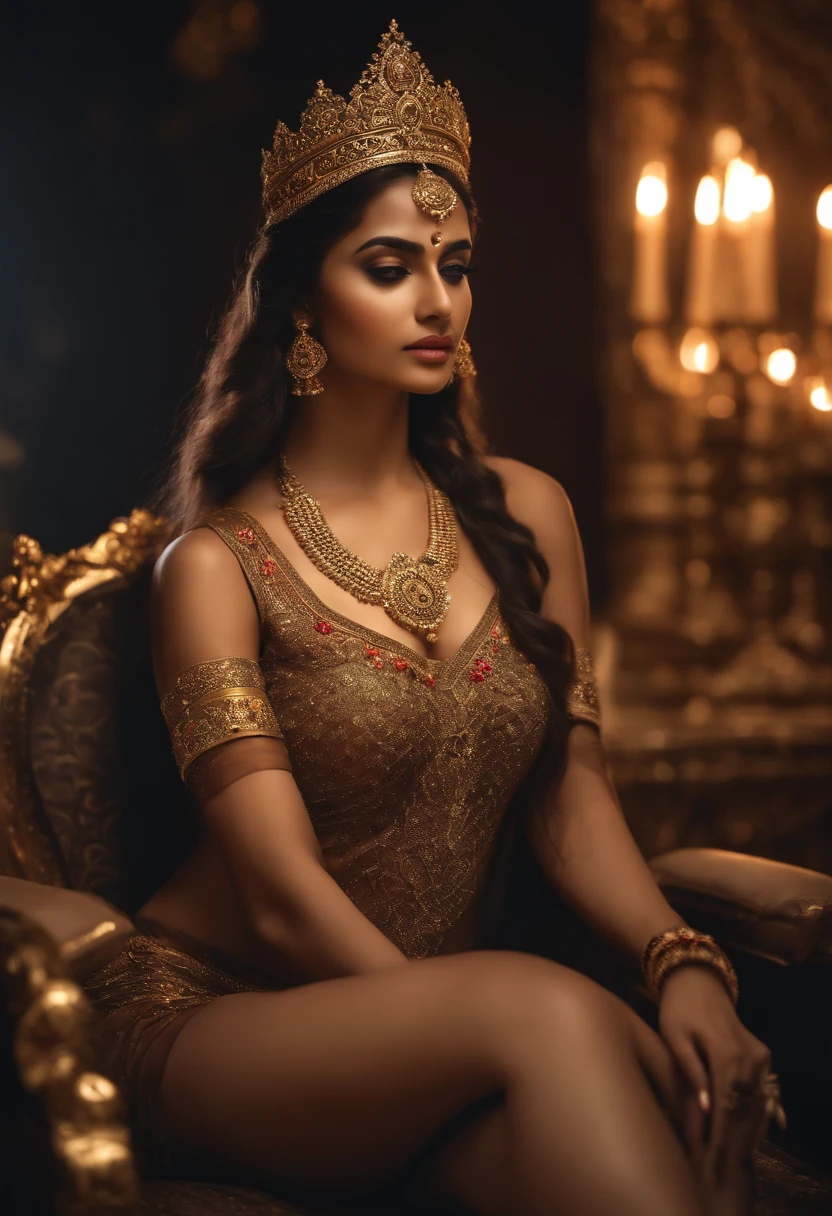 masterpiece), best quality, expressive eyes, perfect face, 1 girl, solo, Princess of ancient India, 20 years old, , pubic hair,medium breasts, big hips , glamorous, alluring, shapely, dark royal place, innocent, Pure, delicate, portrait, cold light, frontal, Natural posture, Proportional body, perfect body figure, epic, Epic, myth, royal, Metallic light, Regal, nobility, sitting on throne, open legs, nude