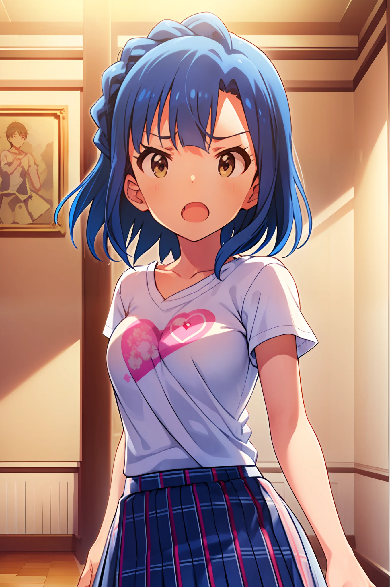 yuriko nanao (million live). Short stature. (((white t-shirts))).(((Skirt))).(((masterpiece))).(((best quality))).((Ultra-detailed))).(((illustratio))).(((a room))).(((make a fist))).(((up chest))).Despair face.(((short-hair))).((big breasts)).((Opening Mouth)).