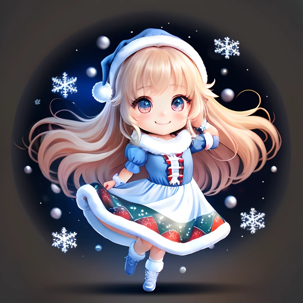Draw a full-body chibi girl, smile, kawaii, pretty, Shutterstock, White background,long-haired,blue eyes,Wear a Christmas dress.,hd
