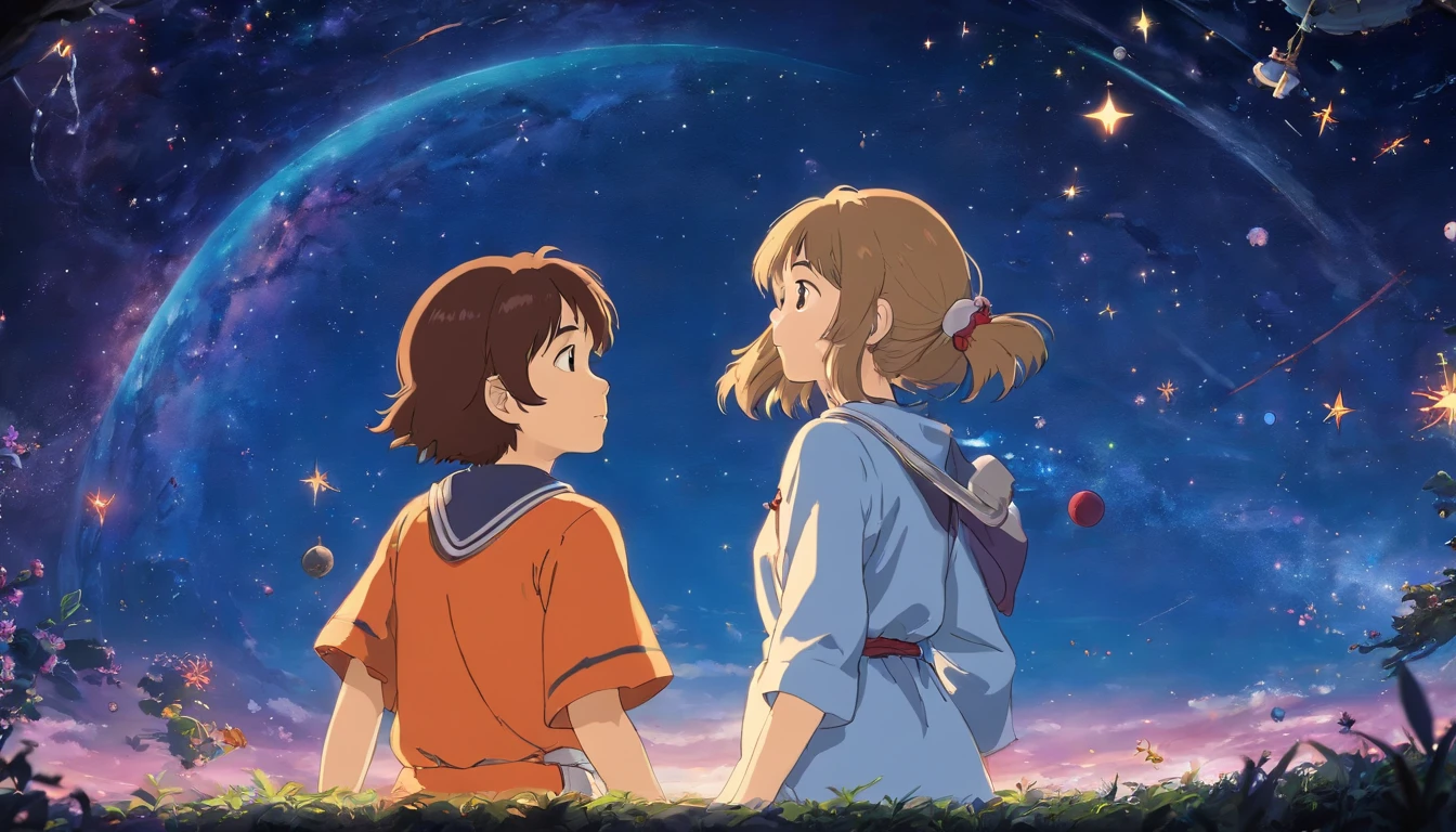 space, stars,,no human, dark,anime, ghibli , highres, ultrasharp, 8k, masterpiece