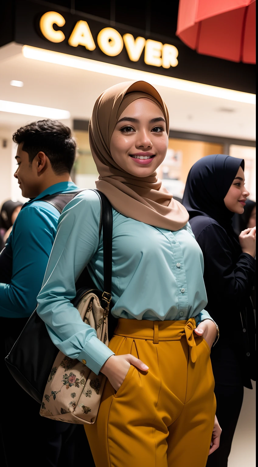 Malay girl in hijab, wear small floral pastel color shirt and High Waist Plicated Detail Suit Pants , laughing and posing with both hand on top of her head, wear backpack, front view, hijab blown, windy, detail skin, age spot, detail skin texture, mole below eyes, small breast, flat chest, wide hips, small waists, thick thighs, slim abs, beautiful body, nighttime, laughing, happy, bright lighting, college student in background, crowded cafe, blur background, bokeh, camel toe,