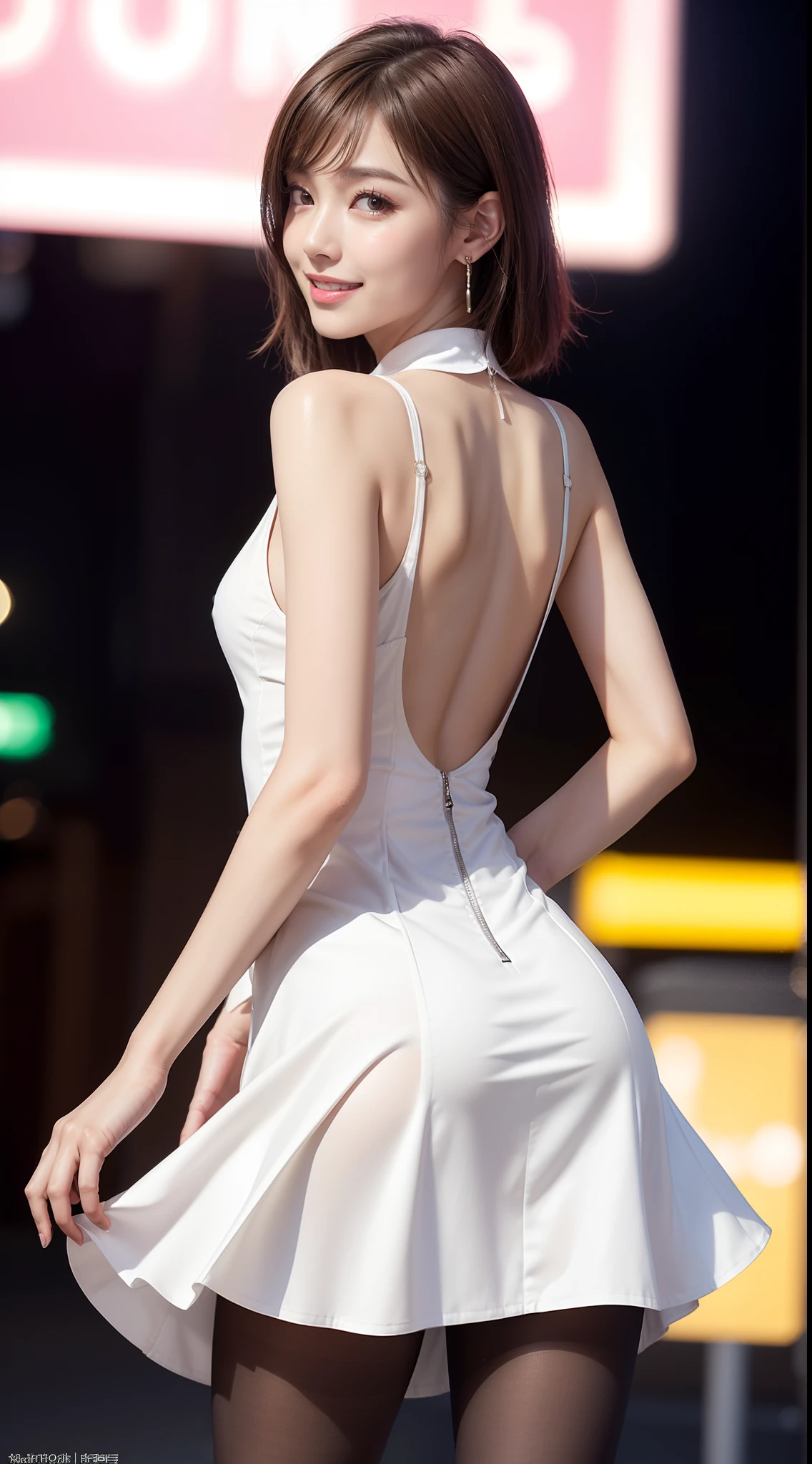 8K, masutepiece, Raw photo, Best Quality, Photorealistic, Highly detailed CG Unity 8k wallpaper, depth of fields, Cinematic Light, Lens Flare, Ray tracing, (Extremely beautiful face, Beautiful lips, Beautiful eyes), intricate detail face, ((Ultra detailed skin)) 1girl in, In the Dark, deepshadow, Pretty Korean girl, Kpop Idol, 1 girl, (Very slim and slender fit muscular body:1.3), ((Looking at Viewer)),(Big smile:1.3), (Midnight, a dark night, (Neon sign), (Blurred background), Dim light), (No people in the background:1.3), Beautiful earrings, Bracelets, Necklace, pantyhose, Clear eyes, Walking , Front shot, (pale skin), (Big eyes), Face forward, (Full body shot), (Brown hairs), open navel, (Looking at Viewer:1.3), Very slim, medium breasts, (Camel toe), thick thighs, turn back, (fluttering mini dress), ((White Collar Dresses)), (Tight skirt), ((backtrack, Back shot)), Ultra mini skirt, exposed ass, upper Shot、g-cup