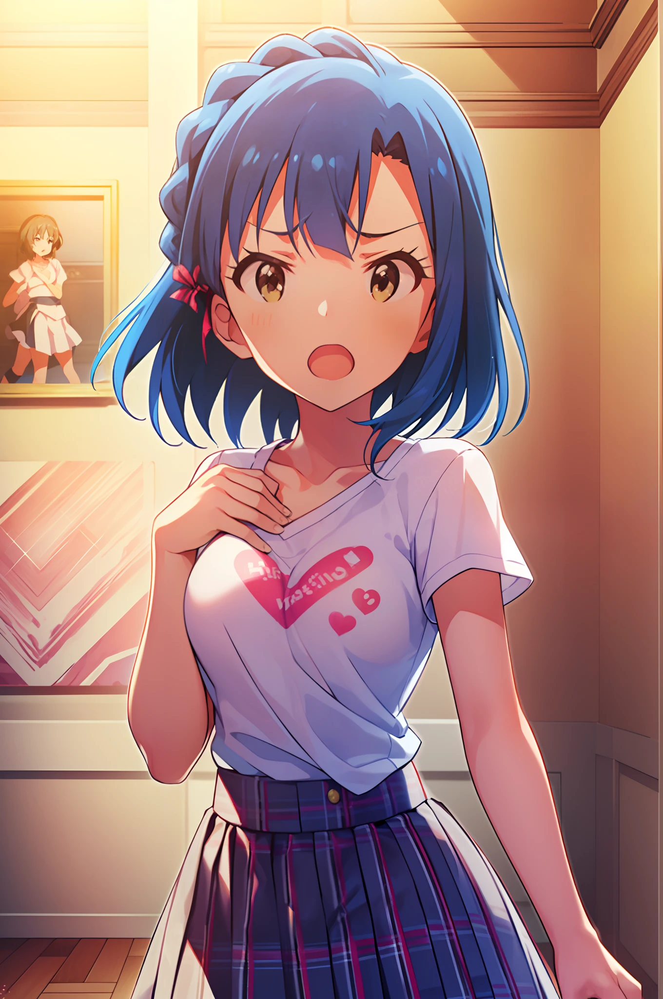 yuriko nanao (million live). Short stature. (((white t-shirts))).(((Skirt))).(((masterpiece))).(((best quality))).((Ultra-detailed))).(((illustratio))).(((a room))).(((make a fist))).(((up chest))).Despair face.(((short-hair))).((big breasts)).((Opening Mouth)).