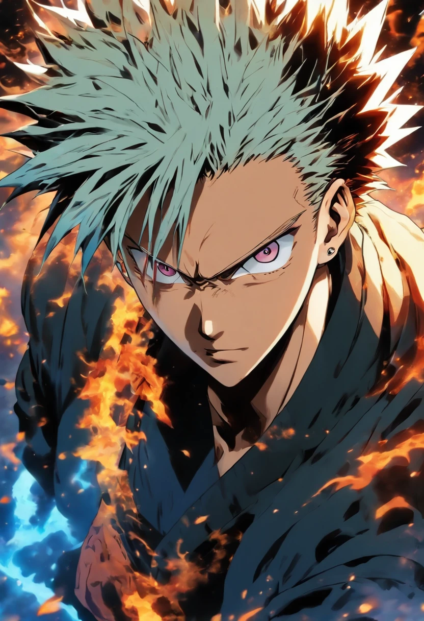 Design a visually striking profile picture (PFP) based on the character Gojo from the anime/manga series "Jujutsu Kaisen." The image should capture Gojo's distinct appearance with white hair that stands out prominently. His hair should be styled in his unique spiky fashion. The image should showcase Gojo's face, focusing on his sharp facial features, including his defined jawline and perfectly shaped eyebrows. The main highlight should be Gojo's highly detailed, captivating eyes which radiate a vibrant blue glow. The eyes should be meticulously rendered to capture their mesmerizing brilliance.