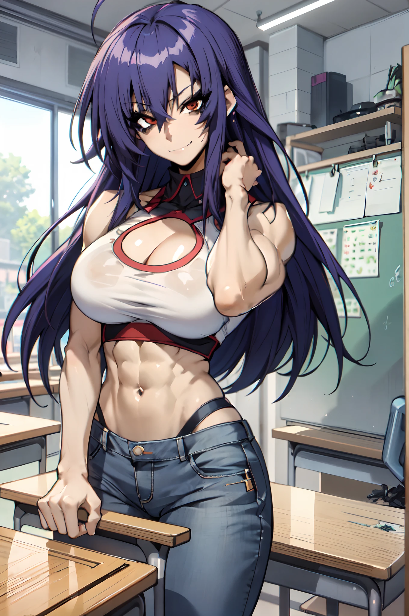 quality, masterpiece, portrait, 1girl, kurokami medaka, muscular female, red eyes, blue hair, long hair, ahoge, fit muscles, biceps, abs, large breasts , tank top shirt, cleavage cutout, clothing cutout, jeans pantalon, classroom, looking at viewer, smile,