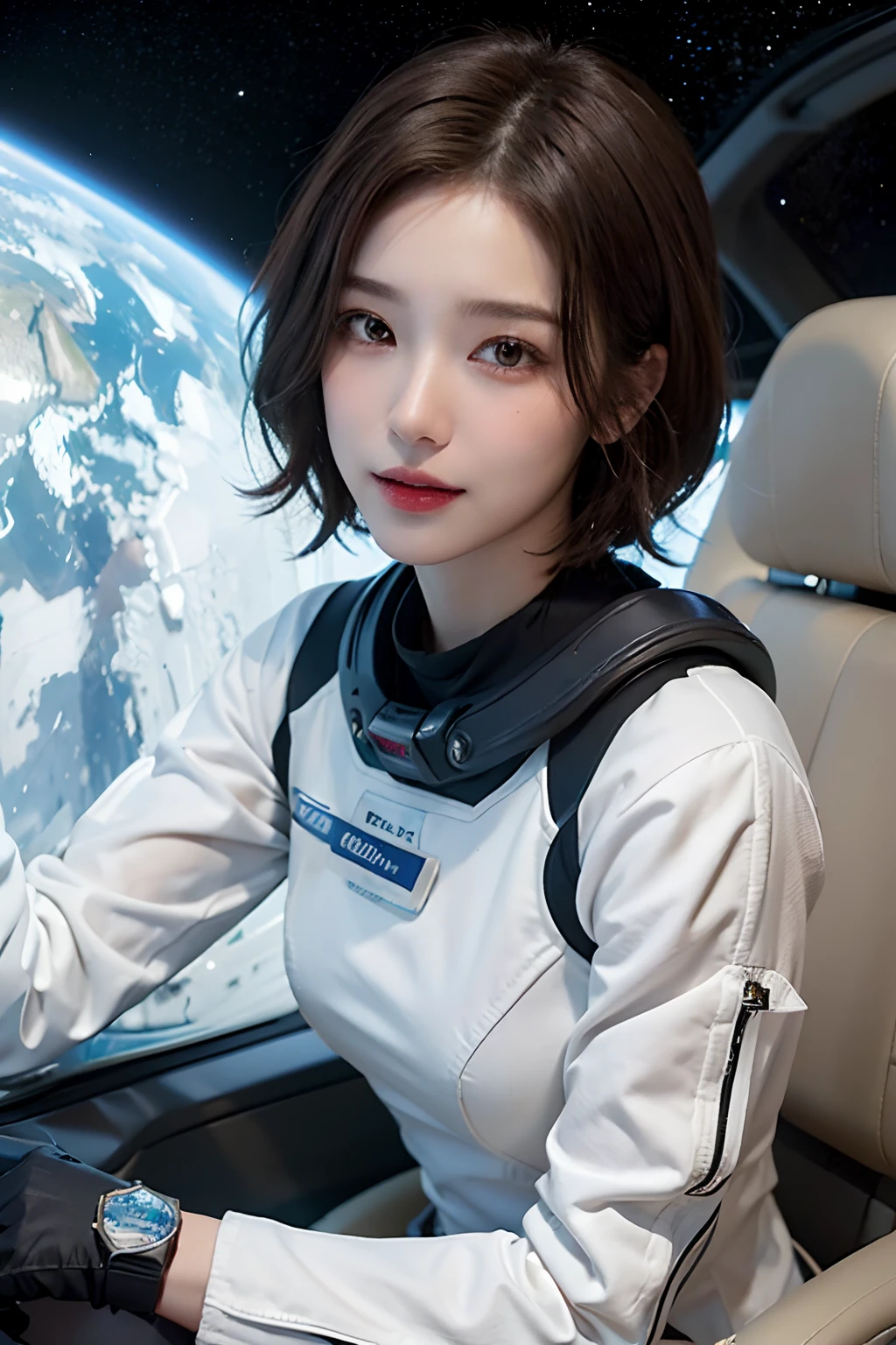 top-quality、​masterpiece、超A high resolution、(realisitic:1.4)、Beautuful Women１、Beautiful detail eyes and skin、ssmile、Light brown short-cut hair、The perfect spacesuit、spaceships、Inside the spacecraft、macrocosm、