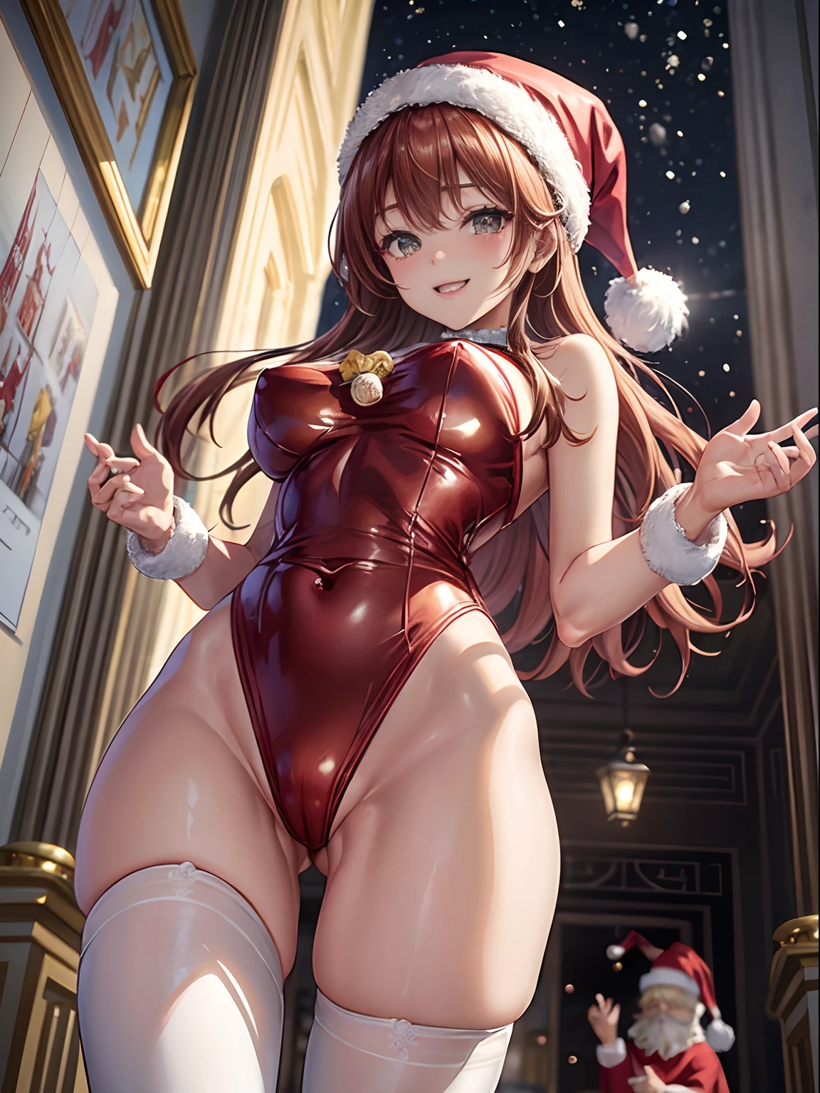 top-quality、Full limbs、complete fingers、Slender beauty、straight haired、Red hair、Beautiful Large Breasts、(Detailed ultra-oily shiny skin:1.1)、oily shiny thighhigh、(Perfect bright red Santa Claus leotard:1.3)、((White High Socks))、Wearing a Santa Claus hat、((Wearing a Santa Manto))、Beautiful、A smile、Winter cityscape、shopping street、It's snowing、white Christmas、Christmas cakes are sold in stores、composition seen from below