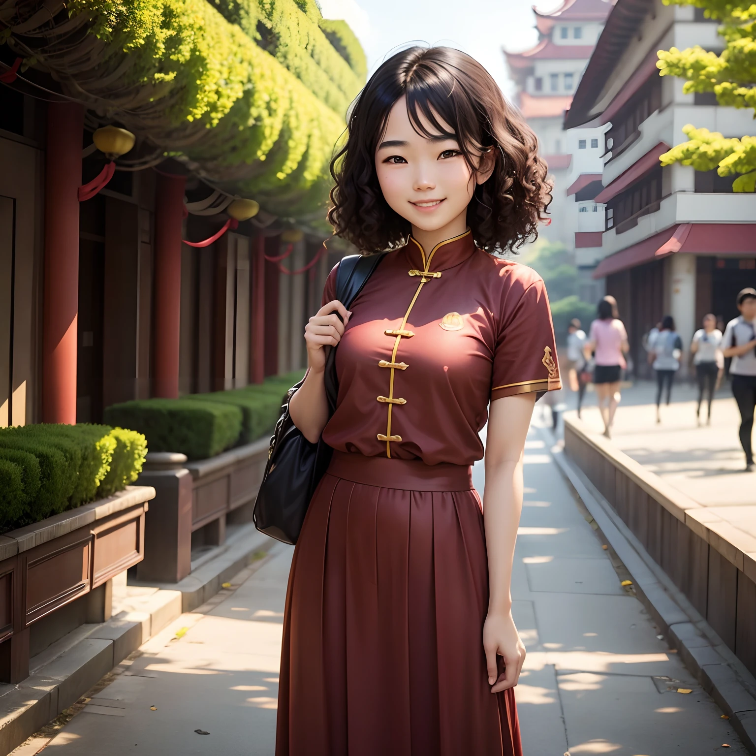 A Chinese college student with curly brown hair smiles confidently in front of Sun Yat-sen University