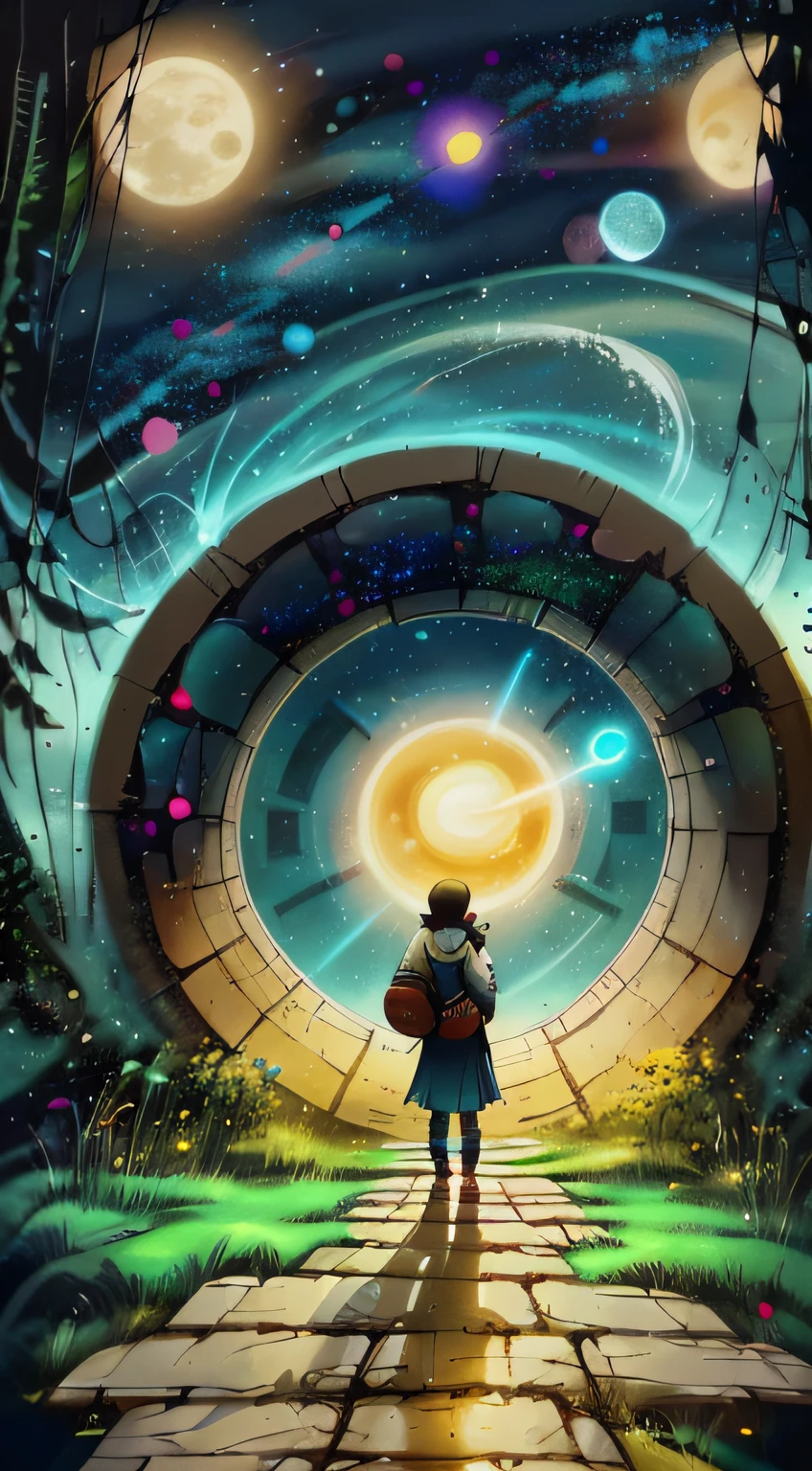 person, standing in front of a space portal overlooking the sun, cyril rolando and goro fujita, gateway to another universe, Inspired by Cyril Rolando, gateway to another dimension, world, visible only through the portal, High quality fantasy stock photo, portal to another world, portal to outer space, In the style of Cyril Rolando, Looking into space, Universe, Magical Galactic Portal, The Cycle of the Stars,Congratulatory recitation: Full moon people are more round,May your heart be as good as the moon,May your smile be as bright as the moon。Mid-Autumn Festival,Liu Qingqiu wishes you and your family health and happiness,All the best。