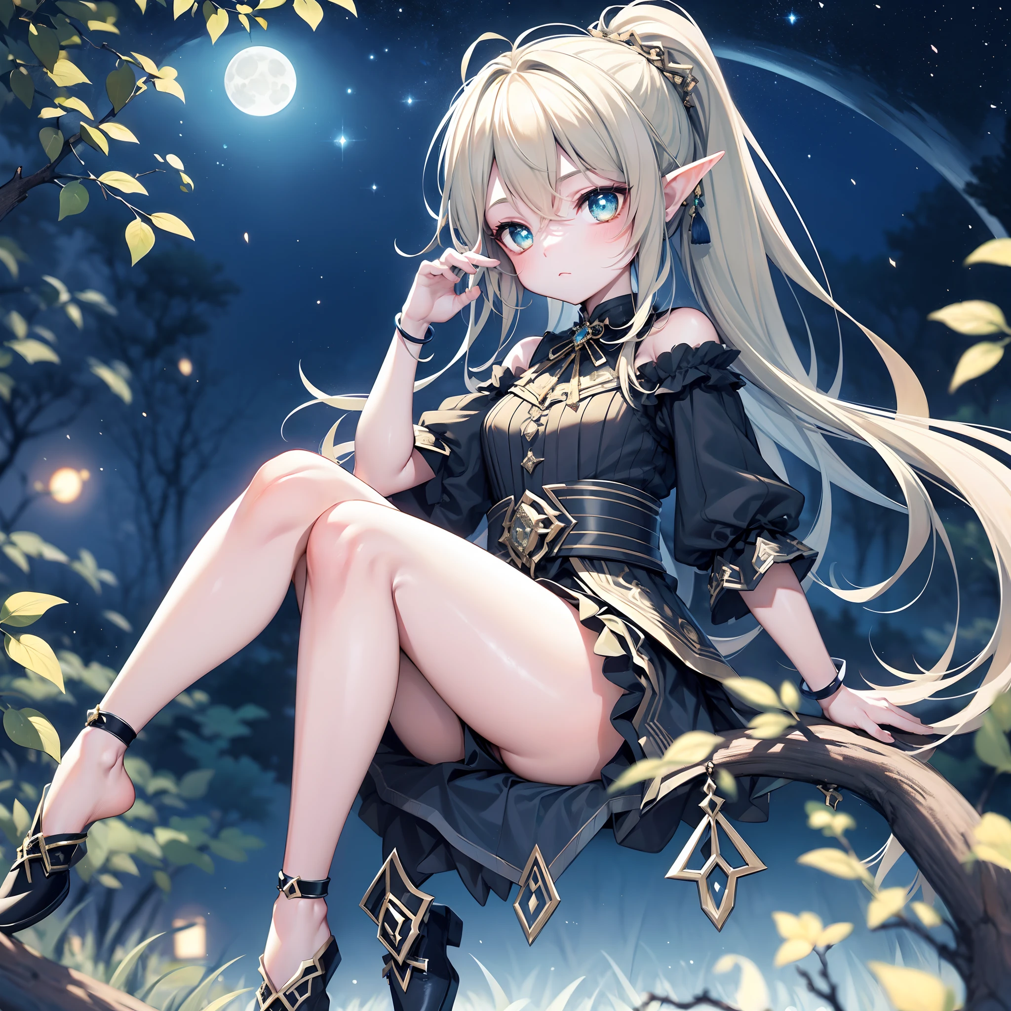 tmasterpiece,the night,A little elf girl sitting on a branch,Look at the moonlight,Vast starry sky,vast,the woods。She wore emerald light armor。Blonde hair high ponytail,Turquoise eyes,Face baby fat,Real and hazy。Expression fear