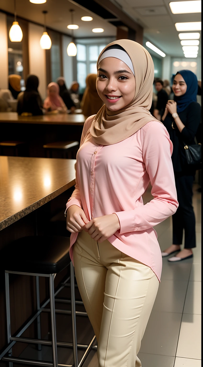 Malay girl in hijab, wear small floral pastel color shirt and High Waist Plicated Detail Suit Pants , laughing and posing with both hand on top of her head, wear backpack, front view, hijab blown, windy, detail skin, age spot, detail skin texture, mole below eyes, small breast, flat chest, wide hips, small waists, thick thighs, slim abs, beautiful body, nighttime, laughing, happy, bright lighting, college student in background, crowded cafe, blur background, bokeh, camel toe,