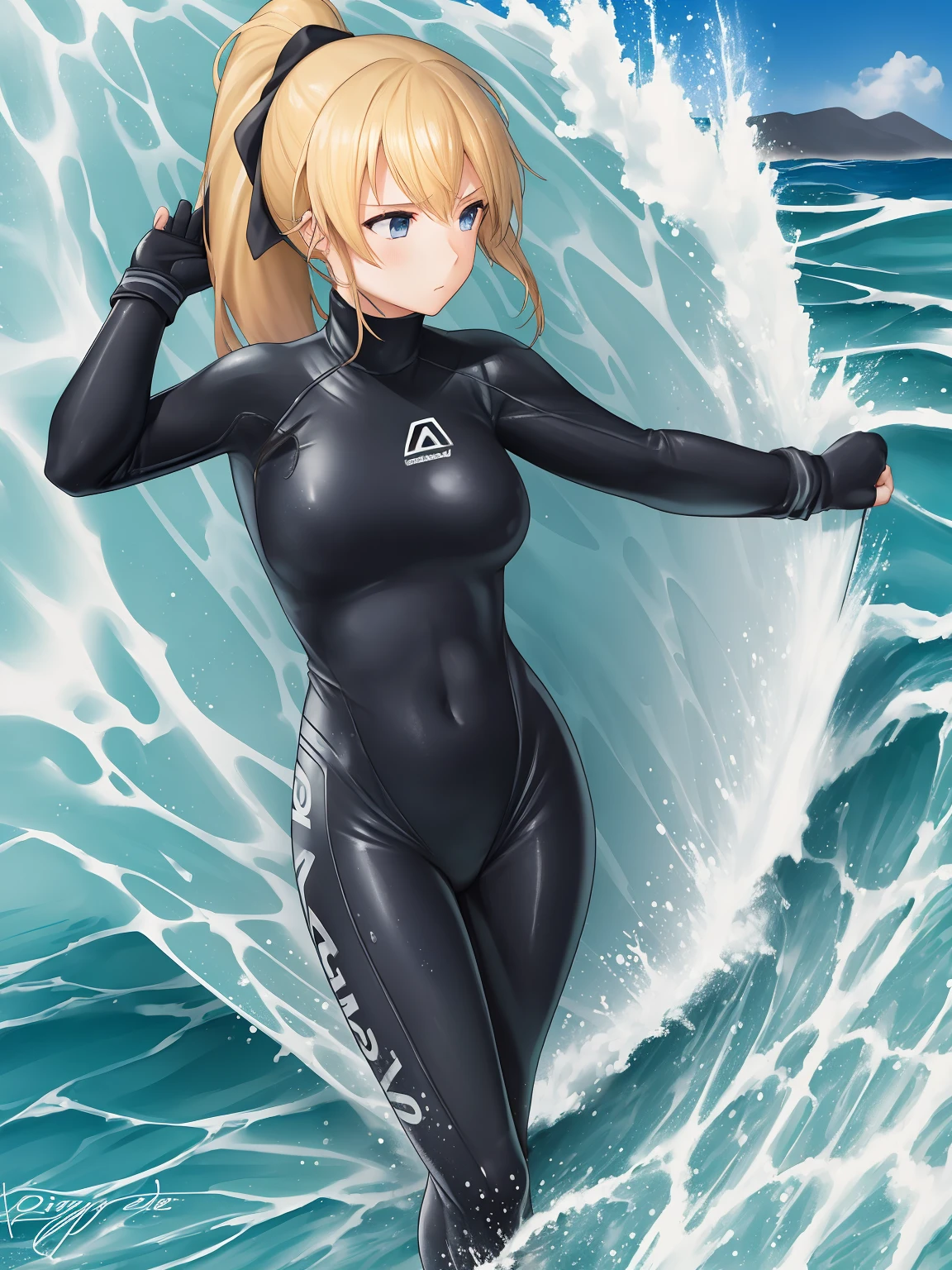 Girl in wetsuit bodysuit surfing on big wave, 1girl, solo, medium breasts, wetsuit, bodysuit, blonde hair, high ponytail, surfing, big wave, ocean, ((standing on surfboard))