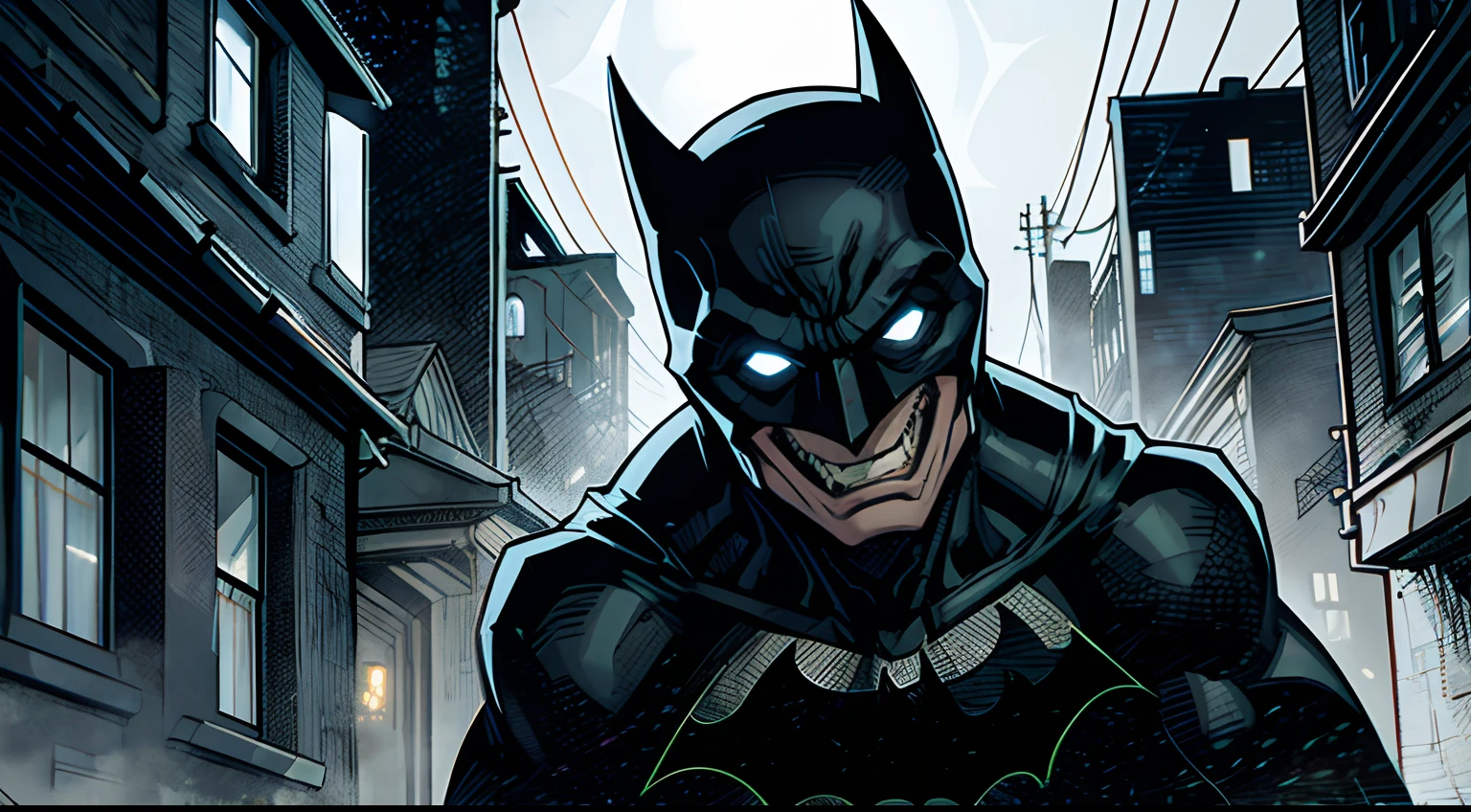 batman, closup face, dark shadowy figure, creepy laugh, scary, gotham city alley background, night time